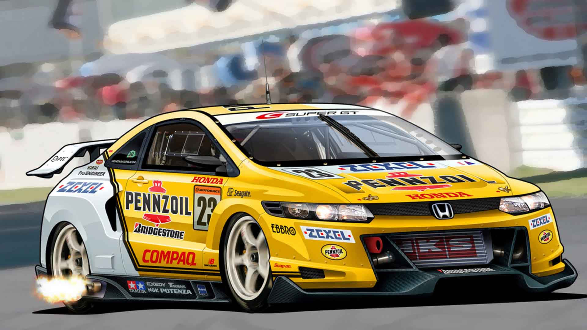 Modified Car 桌布 壁紙 — 一輛帶有Pennzoil品牌的黃白本田賽車在賽道上飛馳，背景是模糊的觀眾。