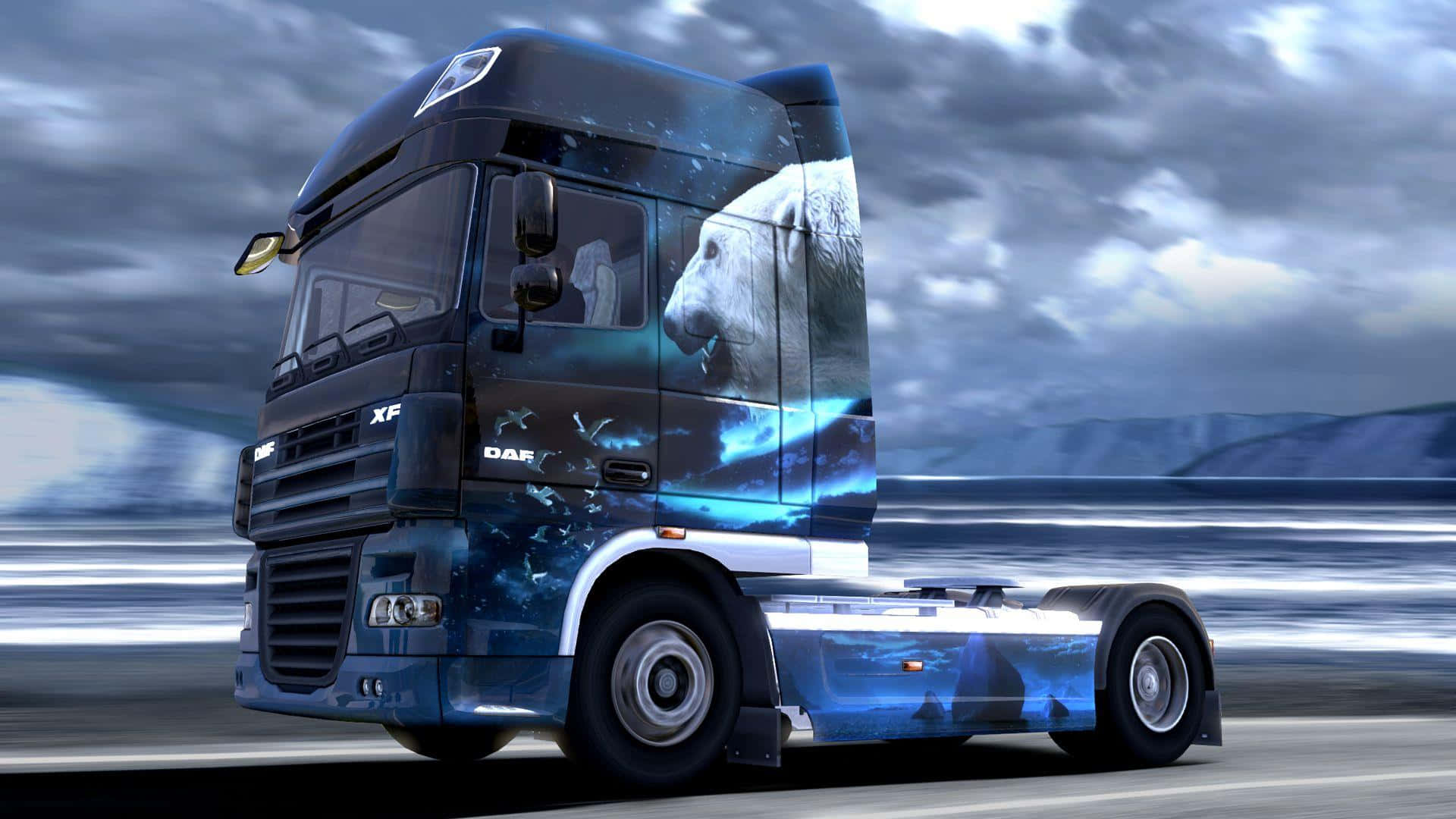 Simulation Games 桌布 壁紙 — 一輛帶有北極熊和海洋主題包裝的DAF XF卡車在暴風雨的天空下在模糊的高速公路上疾馳。