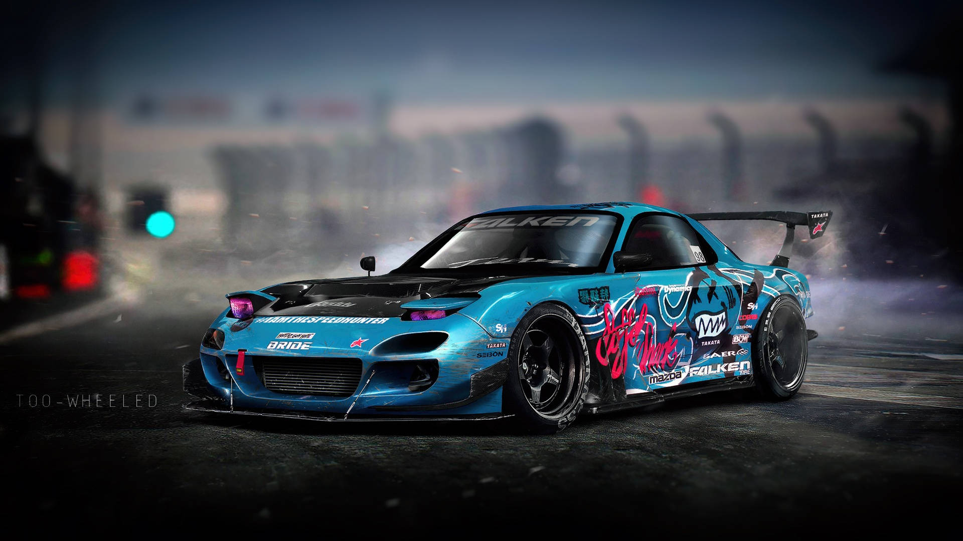 Mazda 桌布 壁紙 — 一輛帶有塗鴉風格貼紙的鮮藍色飄移車，在夜間潮濕的賽道上，在戲劇性的燈光下冒煙輪胎。
