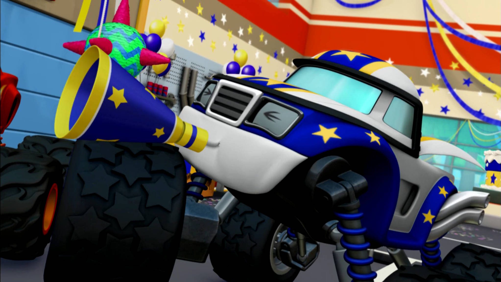 Blaze And The Monster Machines Darington 壁紙 — 一輛帶有星星貼紙和巨大派對喇叭的藍白怪獸卡車在色彩繽紛的裝飾車庫中慶祝。