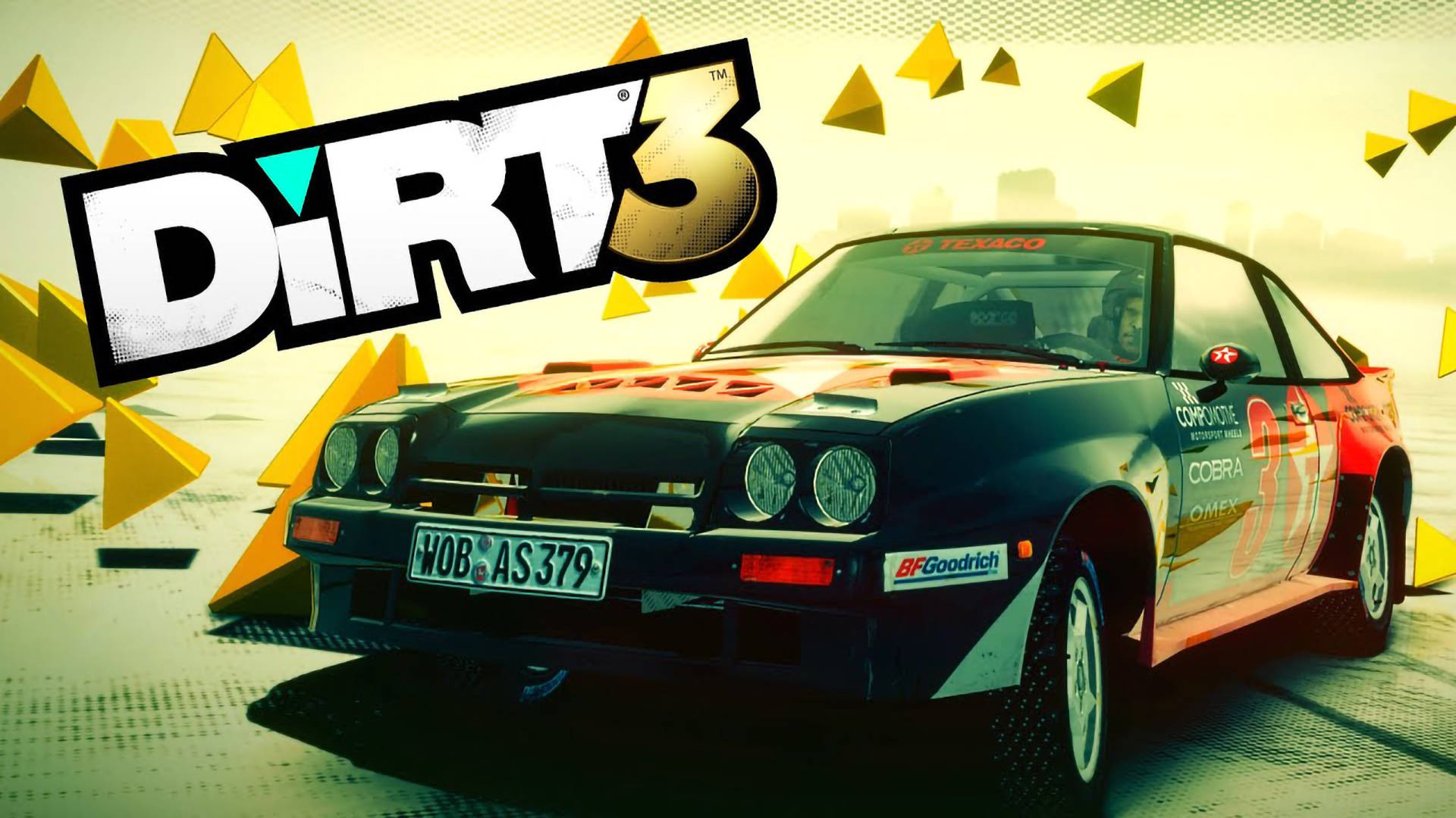 Opel Manta 400 Dirt 3 壁紙 — 一輛帶有橙色點綴和贊助商標誌的黑色拉力賽車，在黃色幾何天空下的風格化城市賽道上飛馳。