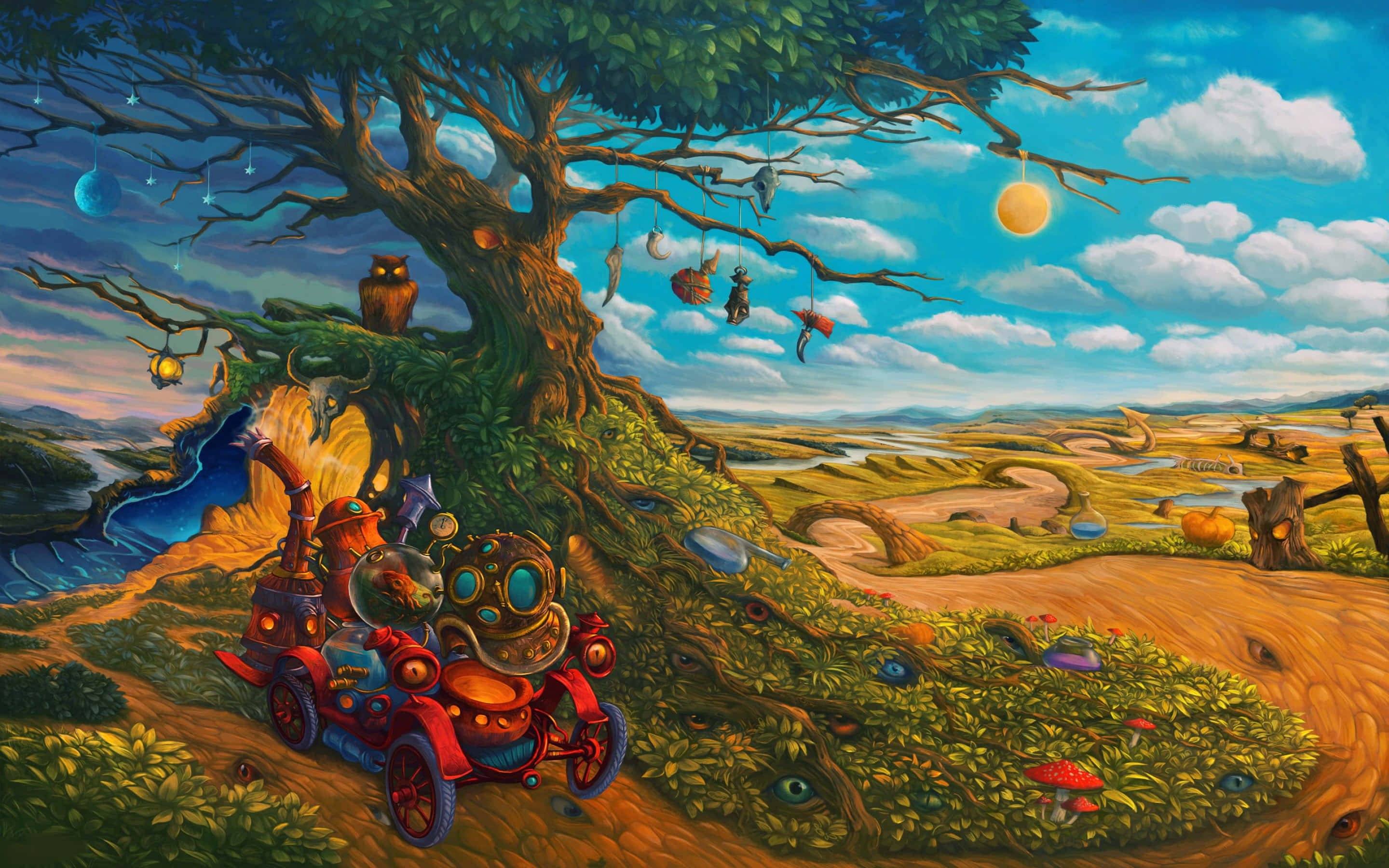 Visual Art 桌布 壁紙 — 一輛帶有發光部件的奇特蒸氣龐克汽車停在一棵巨樹下，背景是超現實的景觀，有漂浮的球體和遠處的河流。