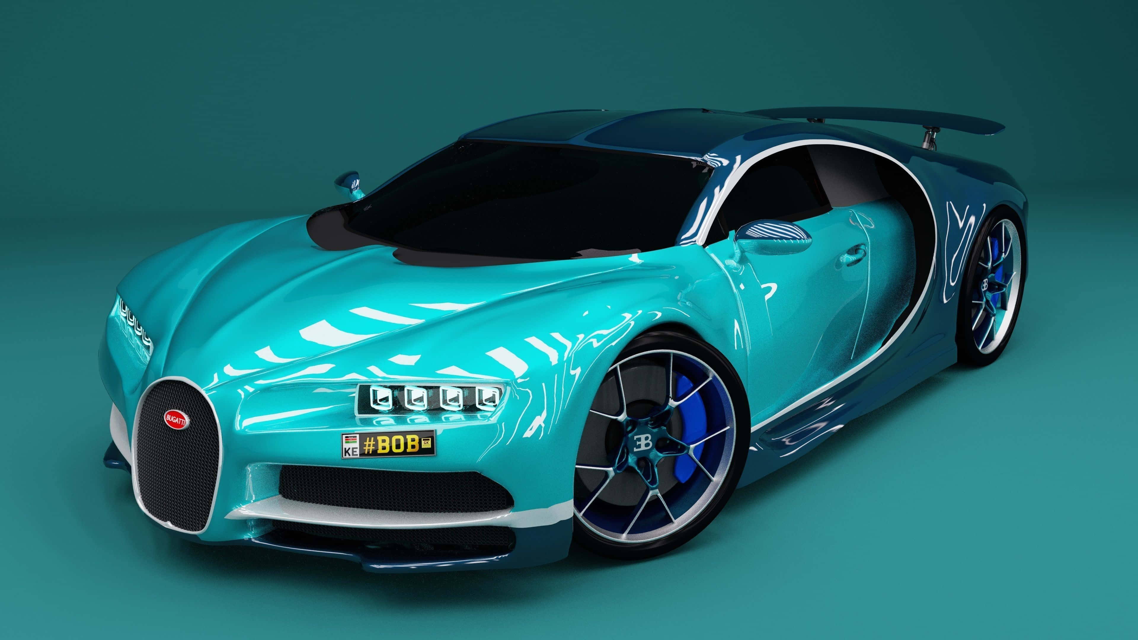 Car Model 桌布 壁紙 — 一輛帶有藍色點綴和#BOB車牌的亮面綠松色Bugatti Chiron在攝影棚燈光下閃耀。