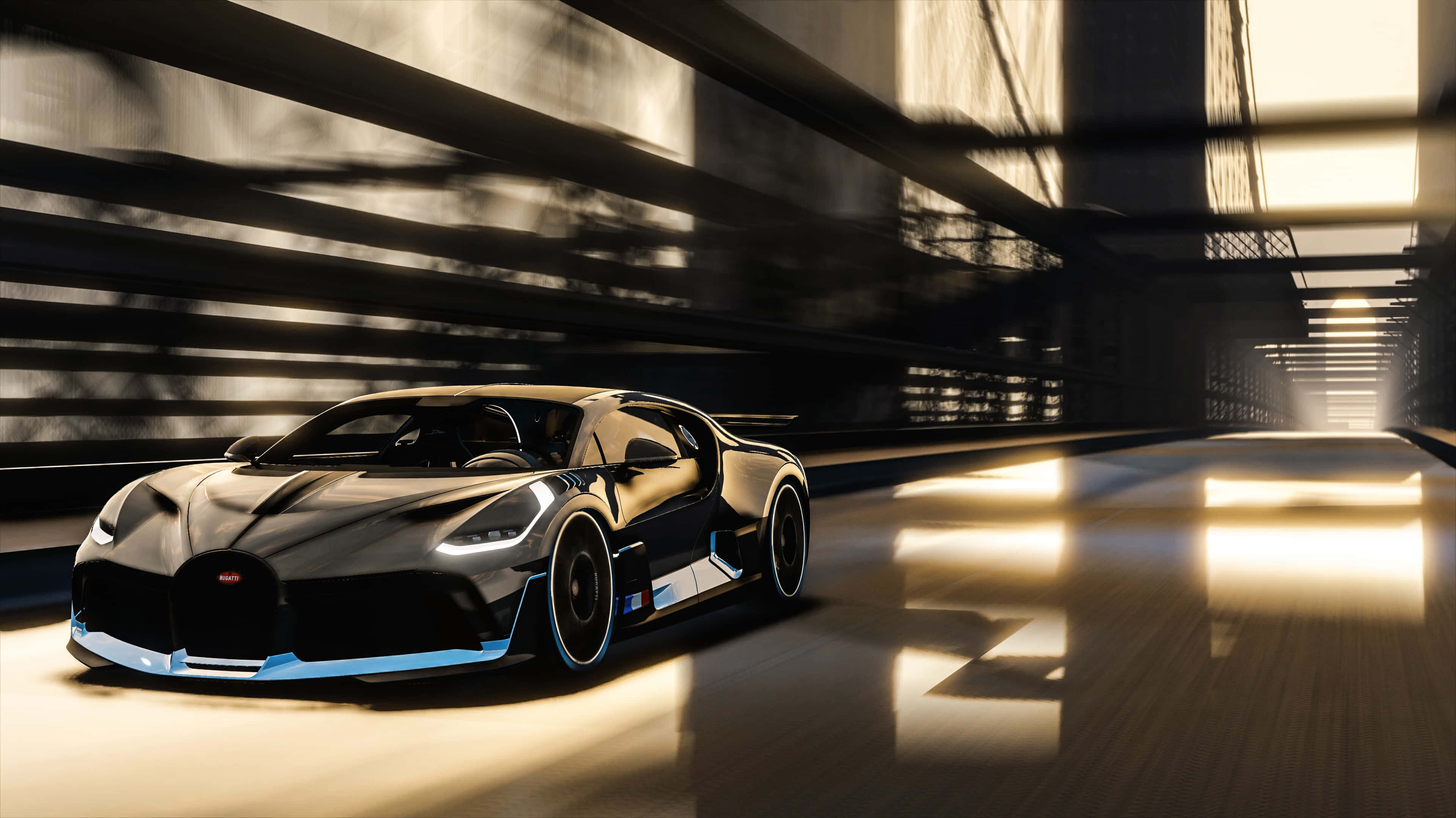 Gta 5 4K 桌布 壁紙 — 一輛帶有藍色點綴的時尚黑色布加迪超跑在陽光照耀的隧道中疾馳，投下戲劇性的陰影。