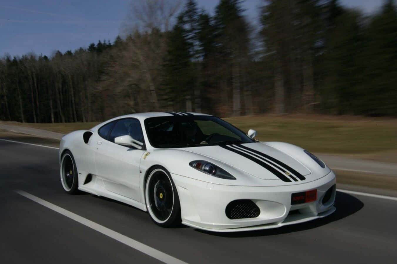 Ferrari F430 桌布 壁紙 — 一輛帶有黑色條紋的白色法拉利跑車在晴朗藍天下沿著林蔭道路飛馳。