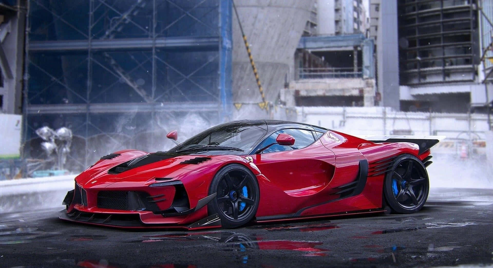 Ferrari Laferrari 桌布 壁紙 — 一輛帶有黑色飾邊的鮮紅色超級跑車在濕滑的城市街道上，伴隨著飄雪和建築棚架進行飄移。