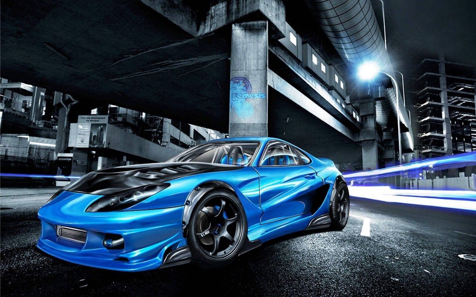 Sports Car 桌布 壁紙 — 一輛帶有黑色飾邊的鮮藍色跑車在夜間於黑暗的城市高架橋下疾馳，留下光軌。