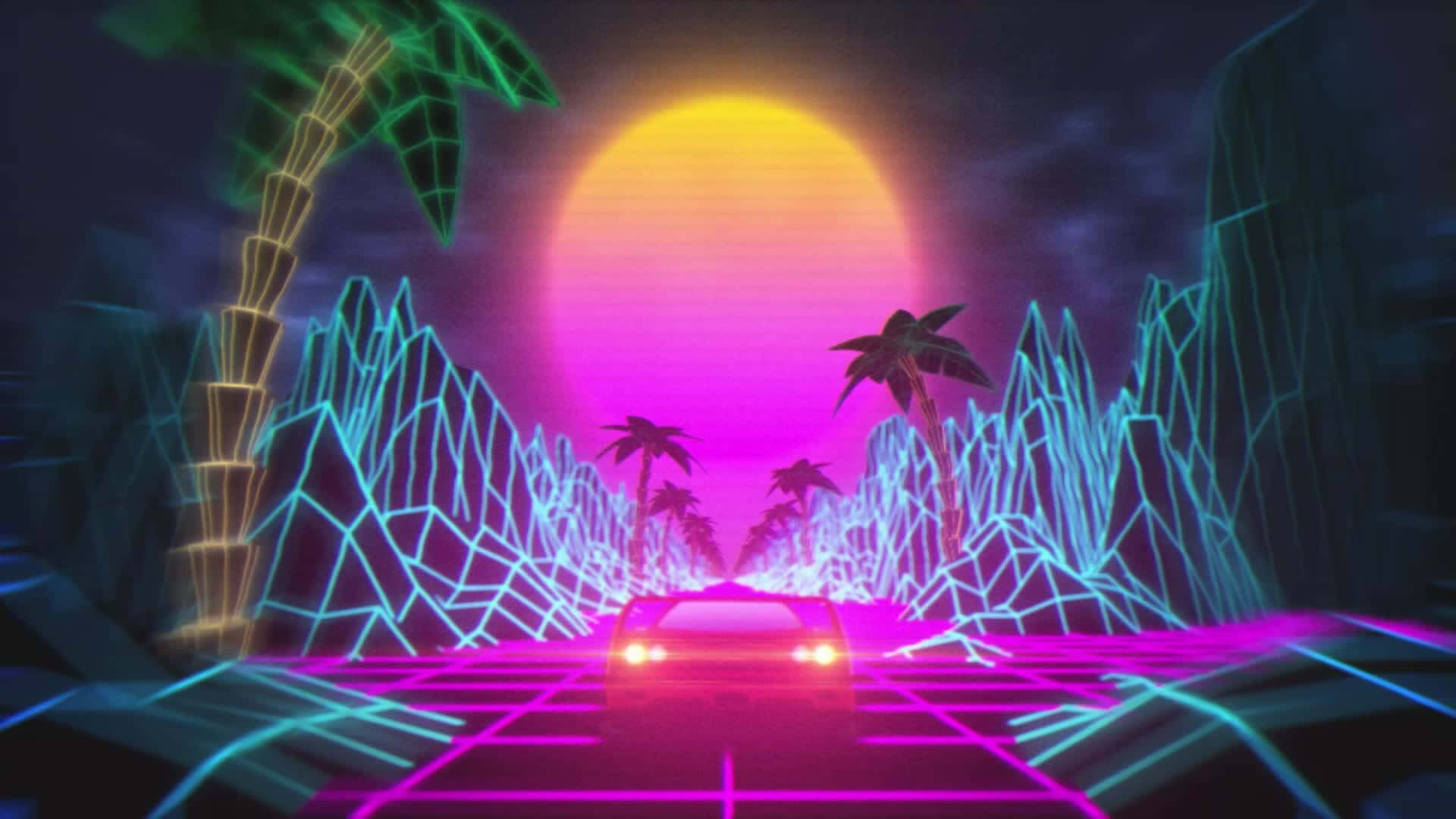 Interactive 桌布 壁紙 — 一輛復古未來主義的汽車在巨大的夕陽下，沿著發光的霓虹燈網格道路行駛，兩旁有棕櫚樹和鋸齒狀的山脈。