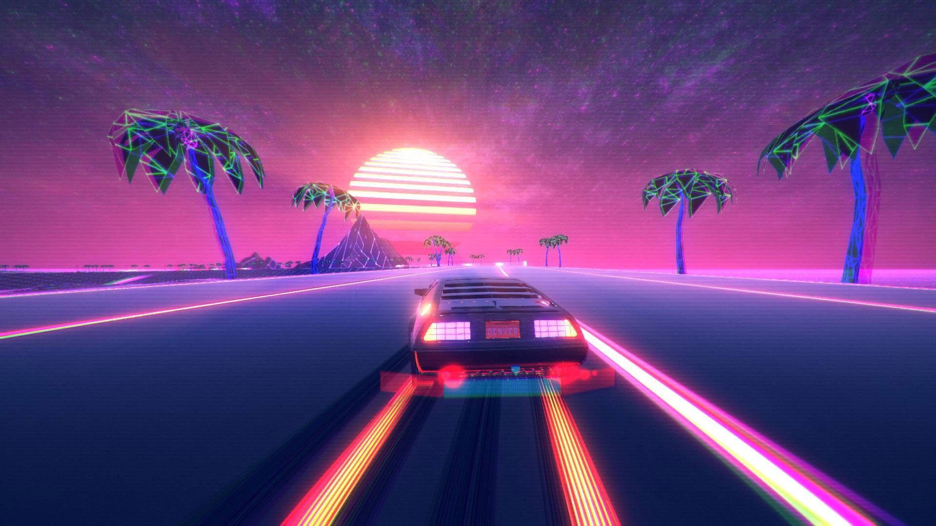 光 桌布 壁紙 — 一輛復古未來風格的汽車在一條發光的霓虹高速公路上飛馳，下方是巨大的條紋太陽，棕櫚樹以電燈勾勒出輪廓。