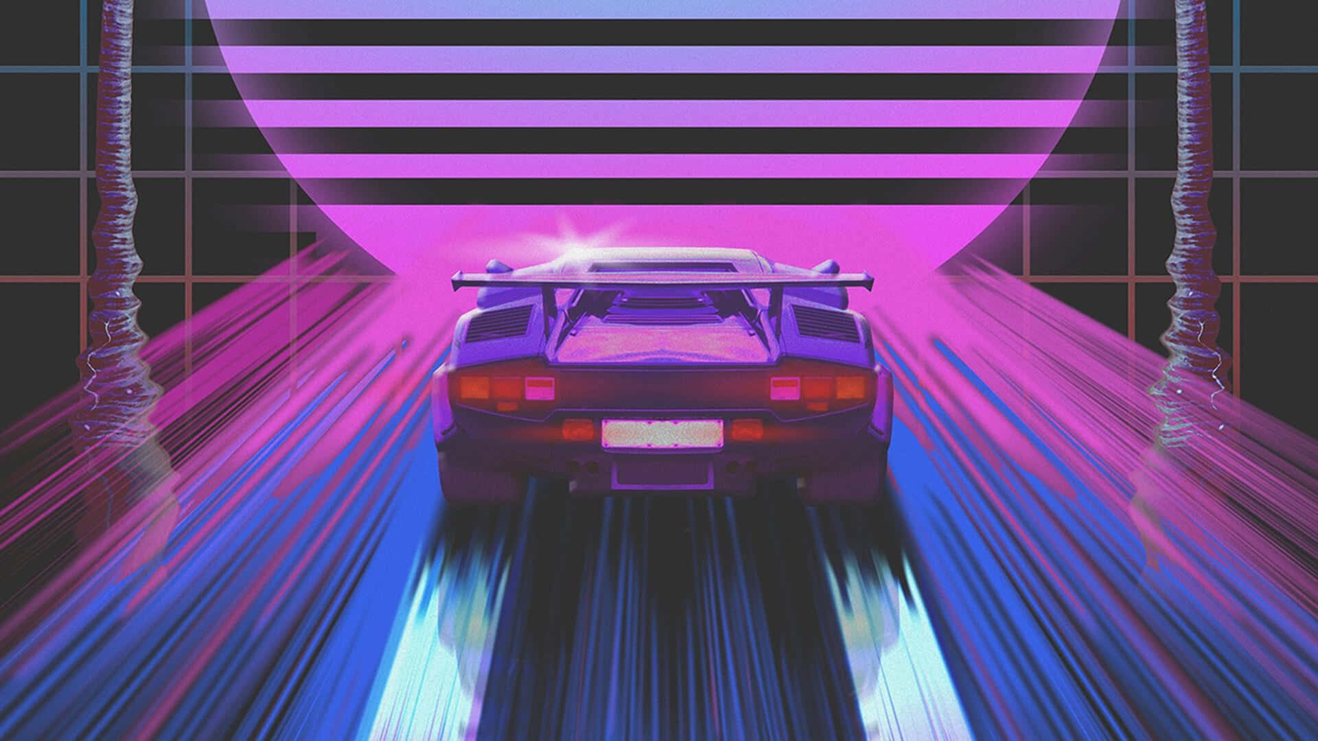 80s Retro 桌布 壁紙 — 一輛復古未來風格的跑車在霓虹燈隧道中疾馳，頭頂懸著一輪巨大的發光月亮。