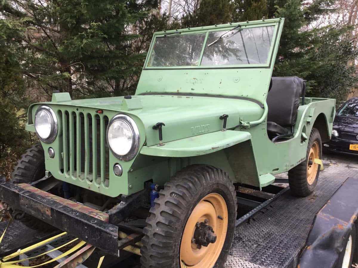 Jeep Willys 桌布 壁紙 — 一輛復古橄欖綠軍用吉普車，黃色車輪，停放在平板拖車上，周圍是常青樹。