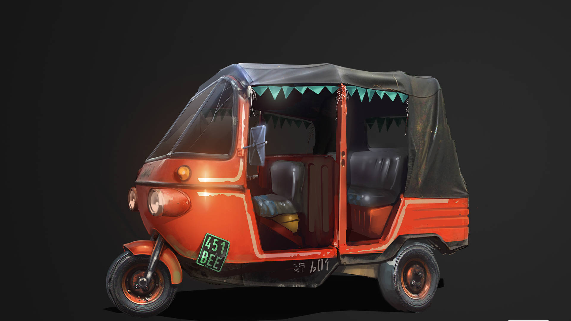 遊戲 桌布 壁紙 — 一輛復古橙色自動三輪車，帶黑色頂篷和綠色飾邊，立在深色背景前。