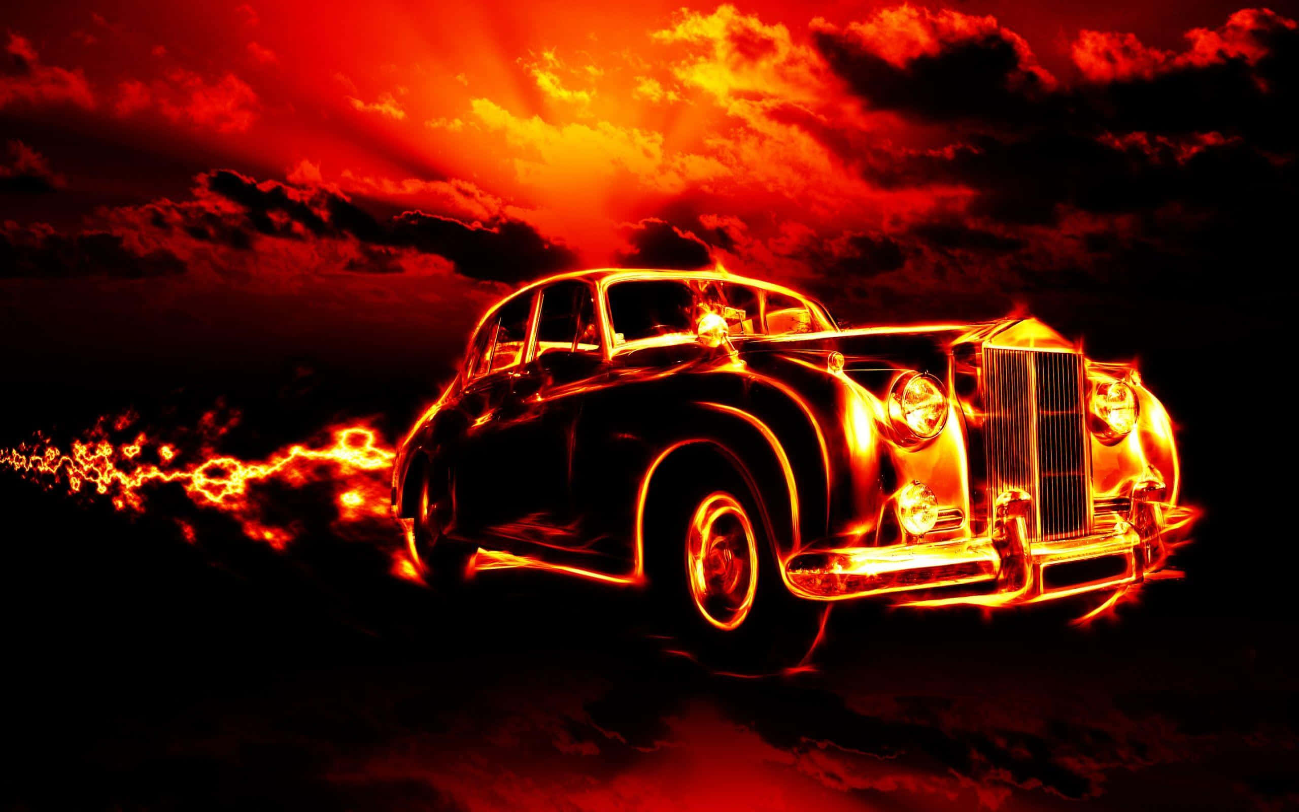 3d Fire 桌布 壁紙 — 一輛復古汽車在戲劇性的紅色天空背景下，散發出火熱的橙色光芒，耀眼的陽光穿透了烏雲。