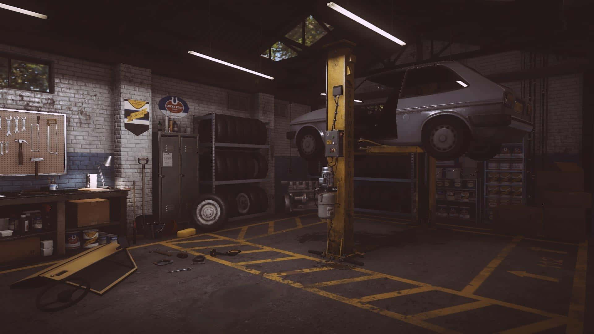 Garage 桌布 壁紙 — 一輛復古銀色汽車停放在黃色液壓升降機上，位於光線昏暗的磚砌車庫內，車庫裡擺滿了工具和堆疊的輪胎。