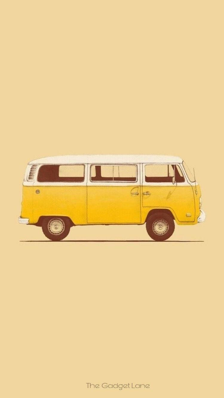 Retro 桌布 壁紙 — 一輛復古黃白相間的福士偉根廂型車，以極簡風格繪製在純色米色背景上。
