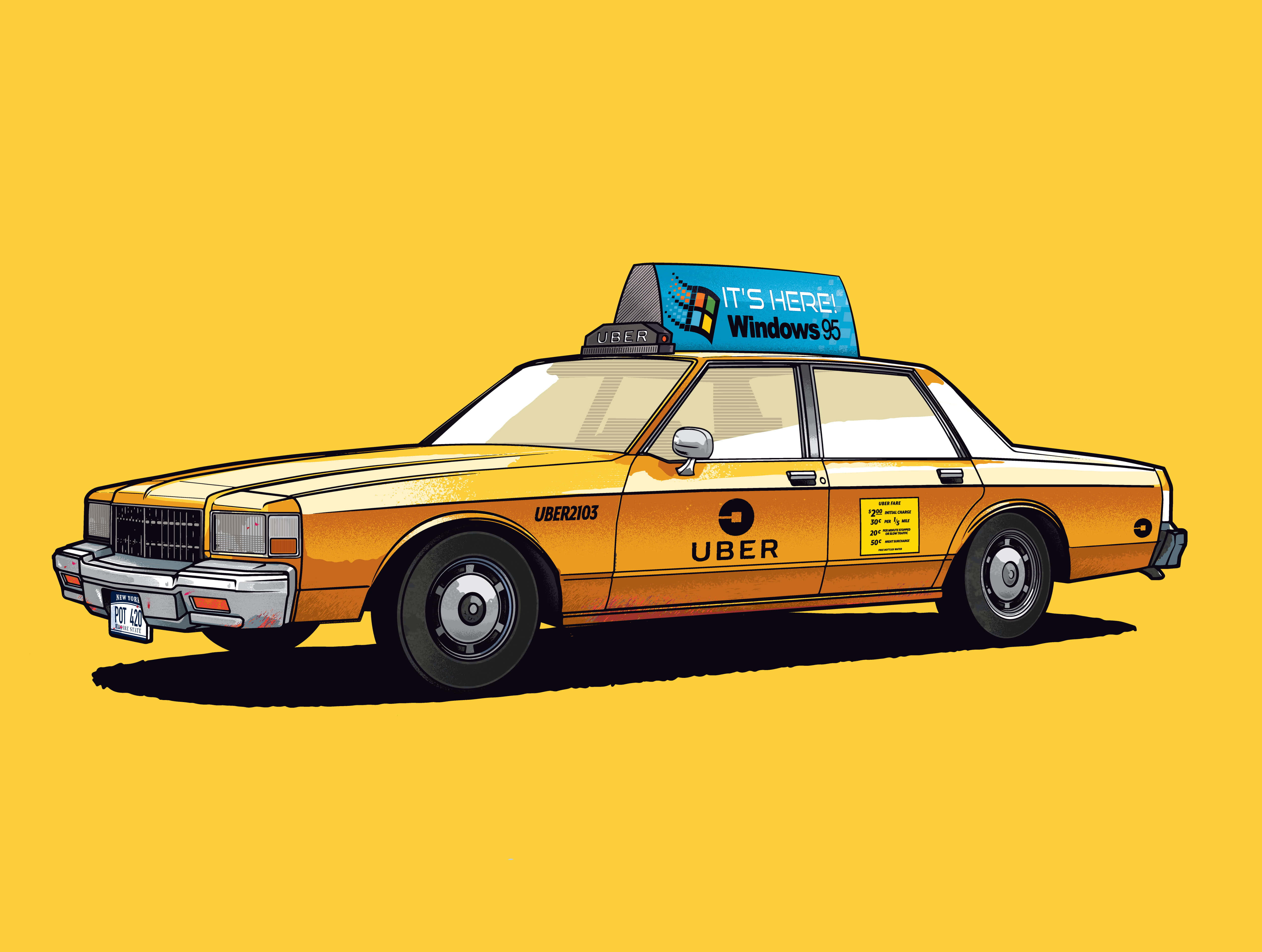Yellow Cab 桌布 壁紙 — 一輛復古黃色出租車，車頂帶有Uber品牌標誌和Windows 95廣告，背景為純黃色。