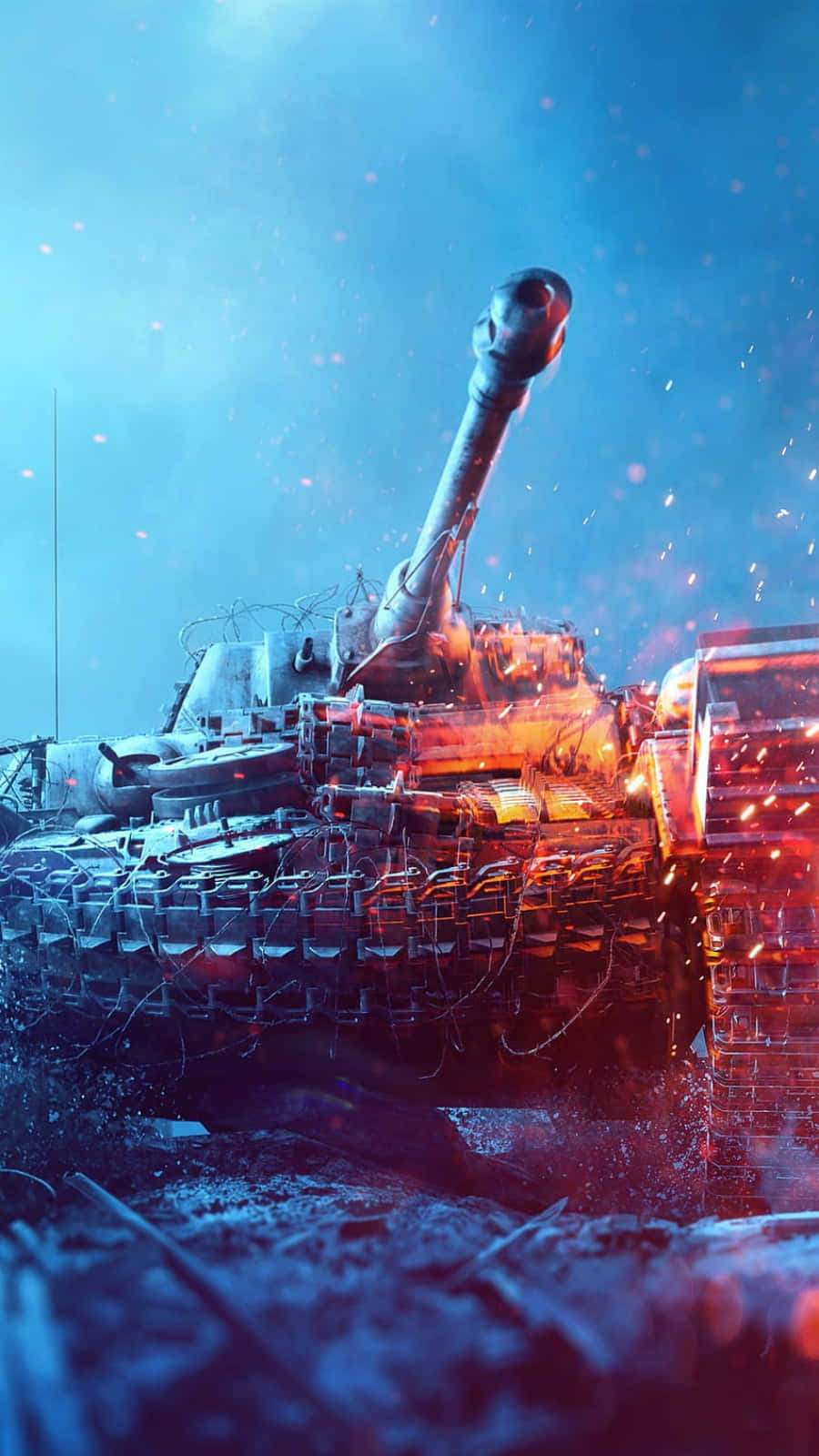 Battlefield Vehicles 桌布 壁紙 — 一輛戰鬥坦克在冰冷的藍天下，在碎片和煙霧中爆發出熾熱的火花。