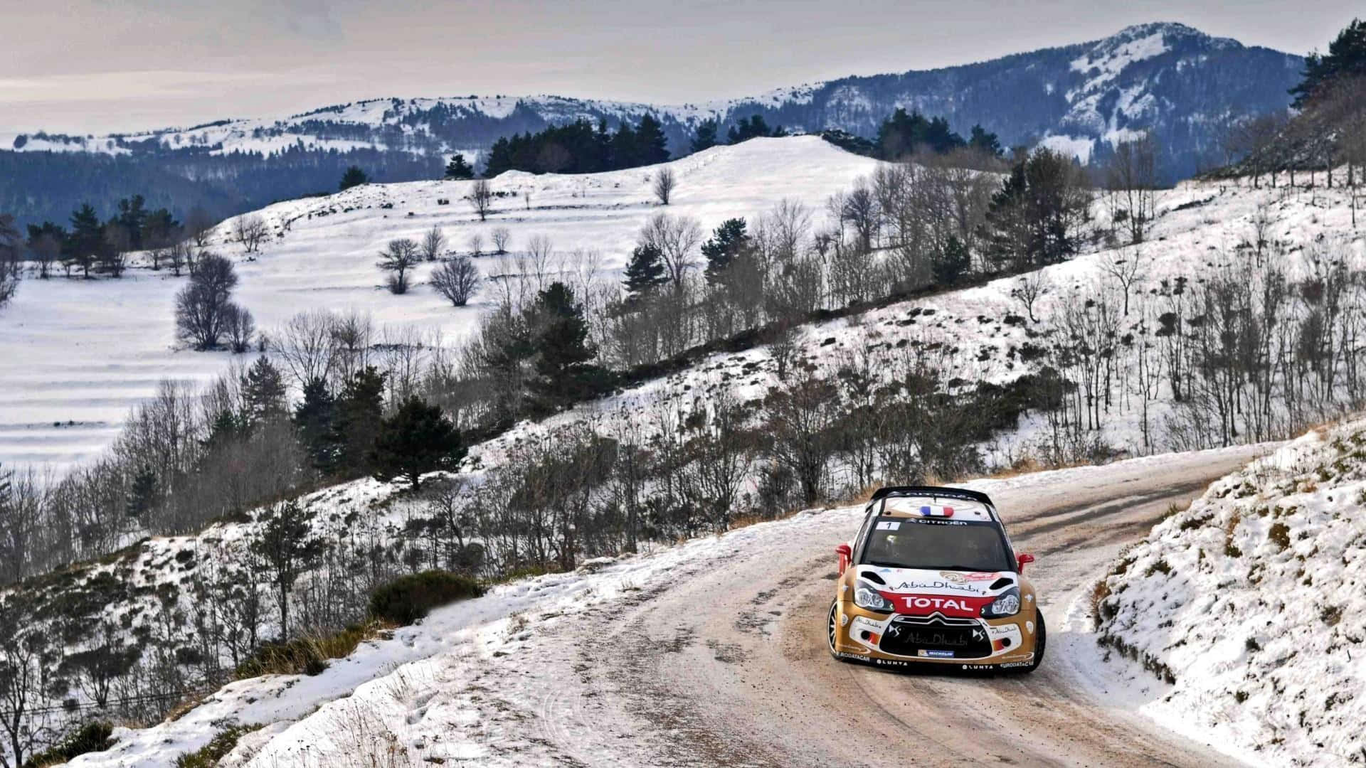 Ice Racing 桌布 壁紙 — 一輛拉力賽車在積雪的山路上飛馳，背景是白雪覆蓋的山丘和光禿禿的樹木。