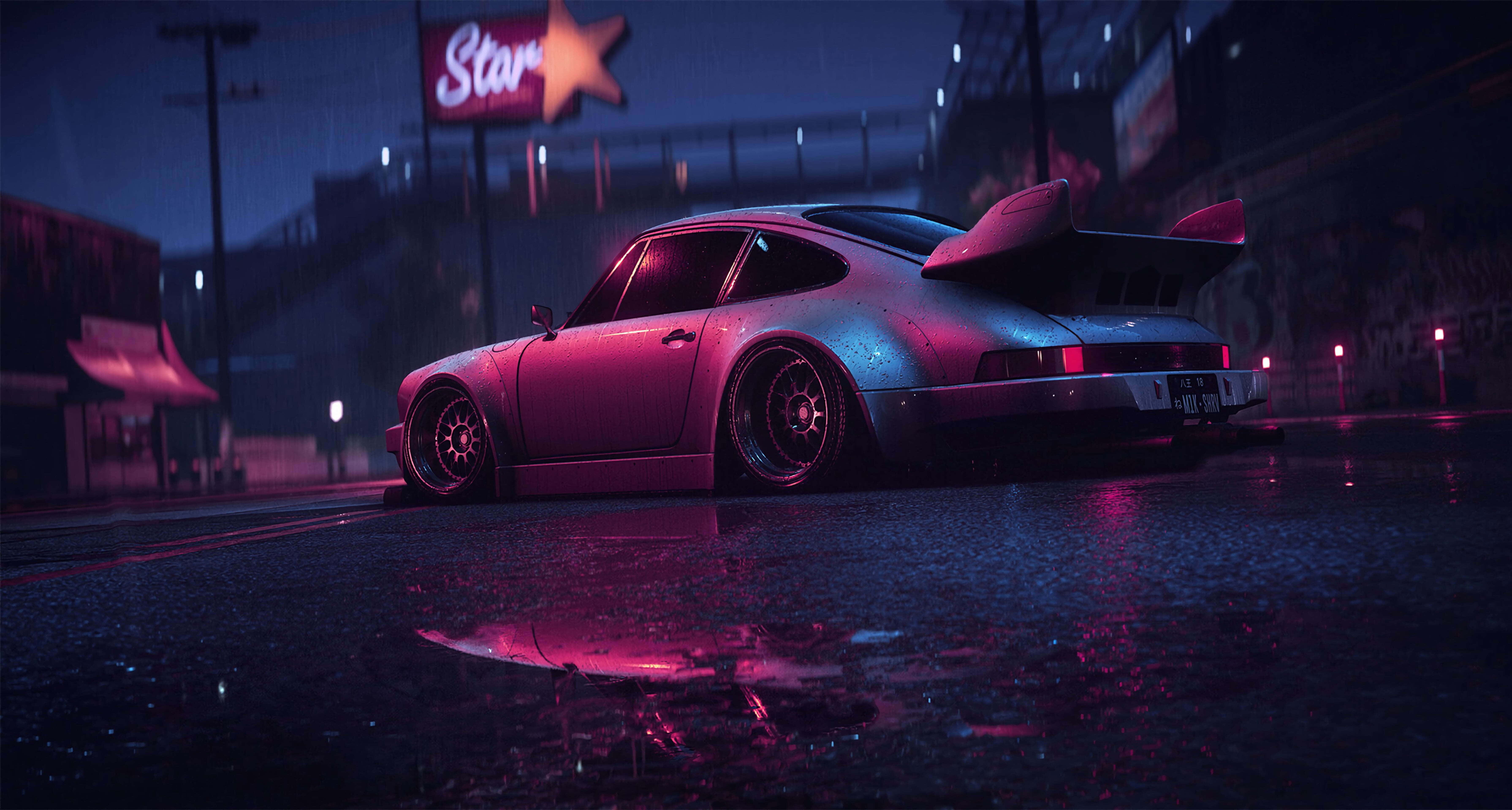 Sports Car 桌布 壁紙 — 一輛時尚改裝跑車在雨濕的夜間城市街道上，在霓虹燈下閃耀。