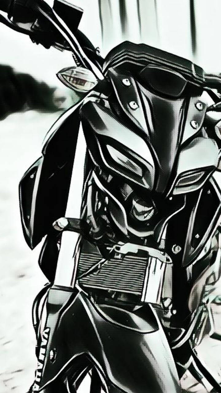 yamaha mt 15 桌布 壁紙 — 一輛時尚的Yamaha電單車的戲劇性黑白特寫，具有銳利的棱角線條和反光的鍍鉻細節。