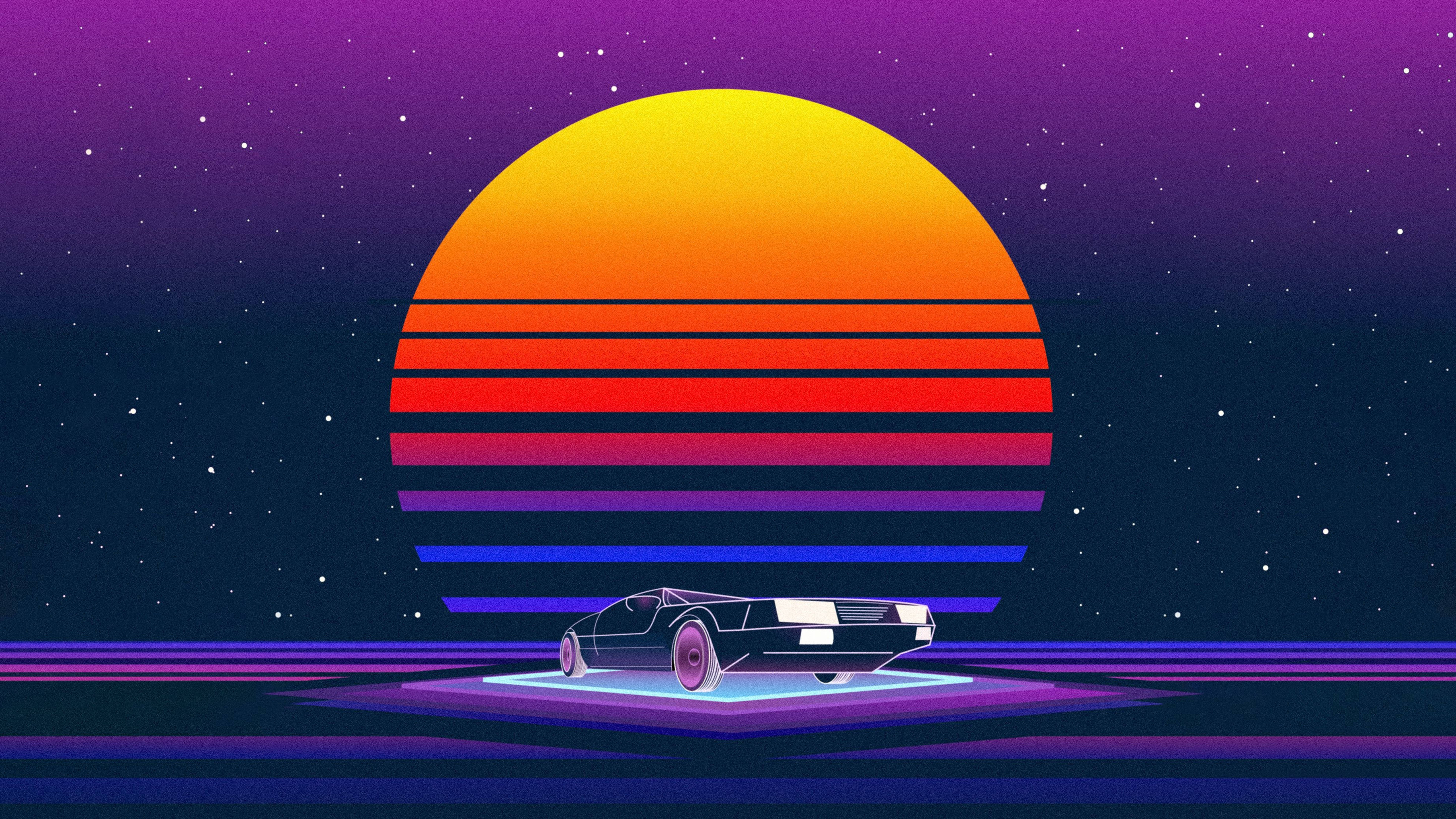 復古 桌布 壁紙 — 一輛時尚的復古跑車在巨大的條紋日落和繁星點點的紫色天空下閃耀。