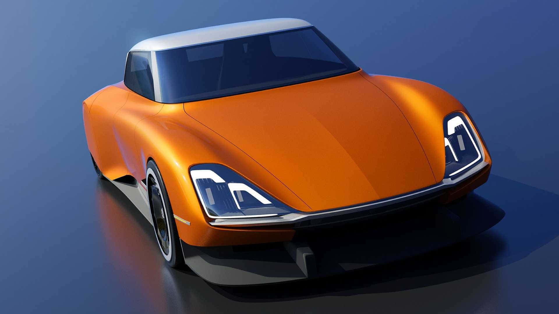 Car Design 桌布 壁紙 — 一輛時尚的未來感橙色跑車，白色車頂和發光車頭燈，停在反光的藍色表面上。