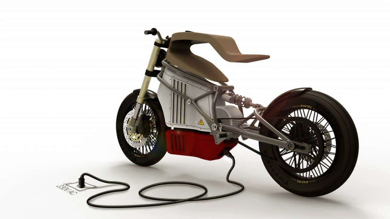 Electric Bike 桌布 壁紙 — 一輛時尚的未來感電動摩托車，外露機械結構和紅色電池組，在白色攝影棚地板上充電。