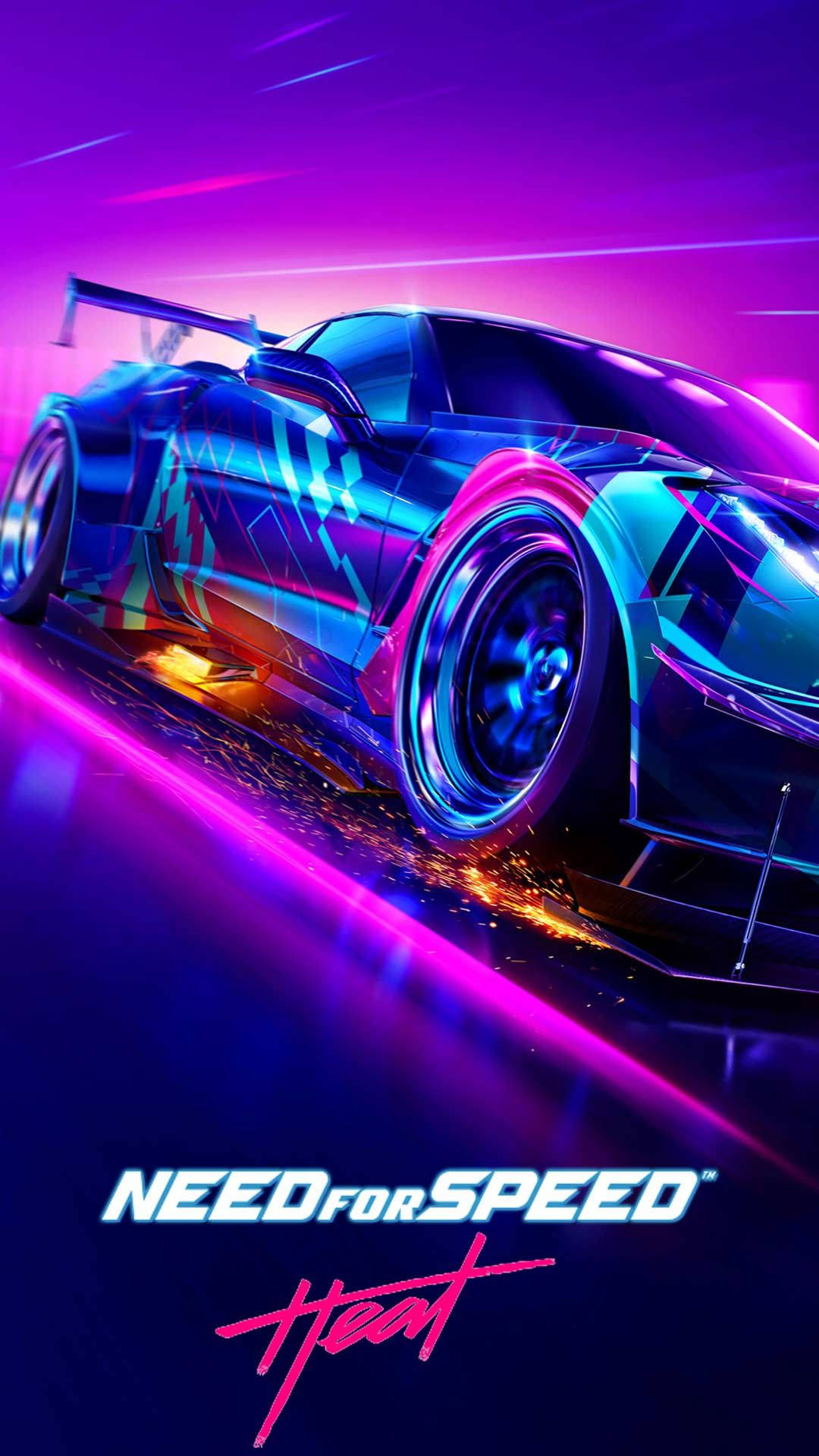 Sports Car 桌布 壁紙 — 一輛時尚的未來賽車在霓虹燈街道上飛馳，留下發光的紫色和藍色軌跡。