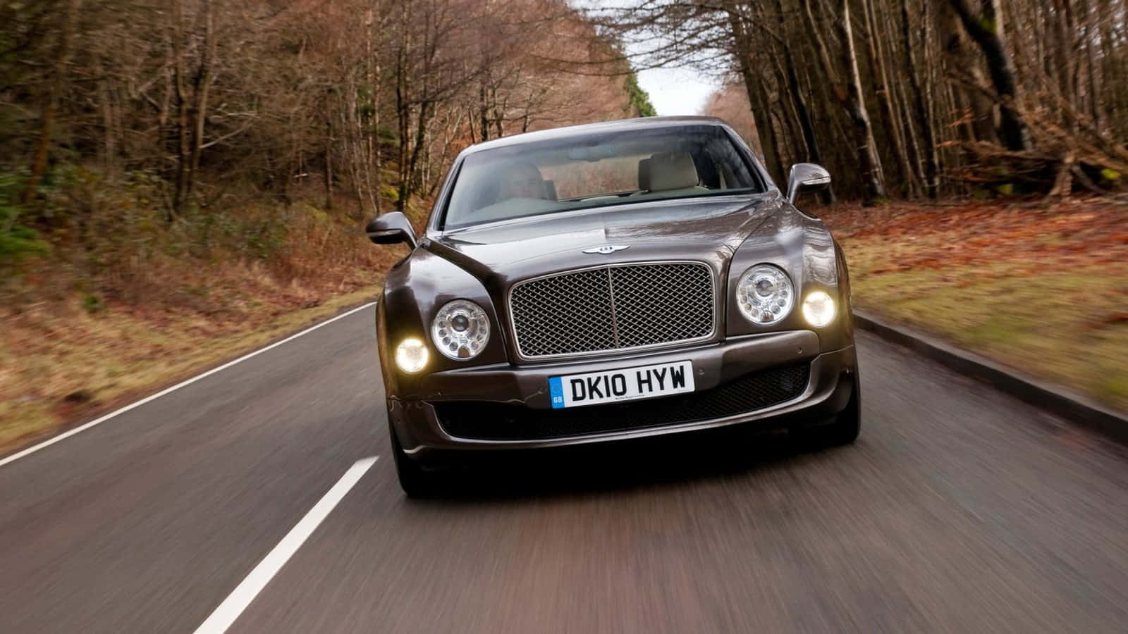 Bentley Mulsanne 桌布 壁紙 — 一輛時尚的深棕色賓利飛馳在蜿蜒的森林道路上，帶有模糊的動態和發光的車頭燈。