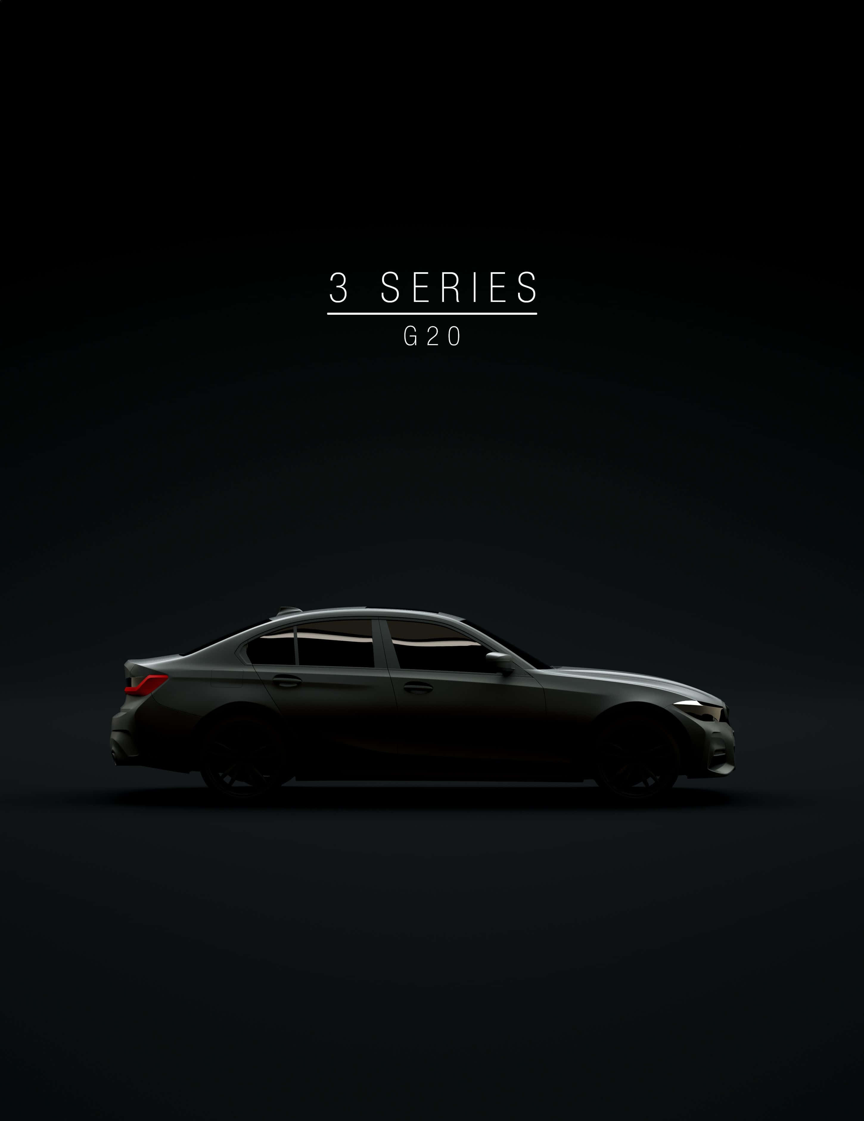Minimalist Car 桌布 壁紙 — 一輛時尚的深灰色BMW 3系G20轎車，側面展示在漸變黑色背景上，上方有白色文字。