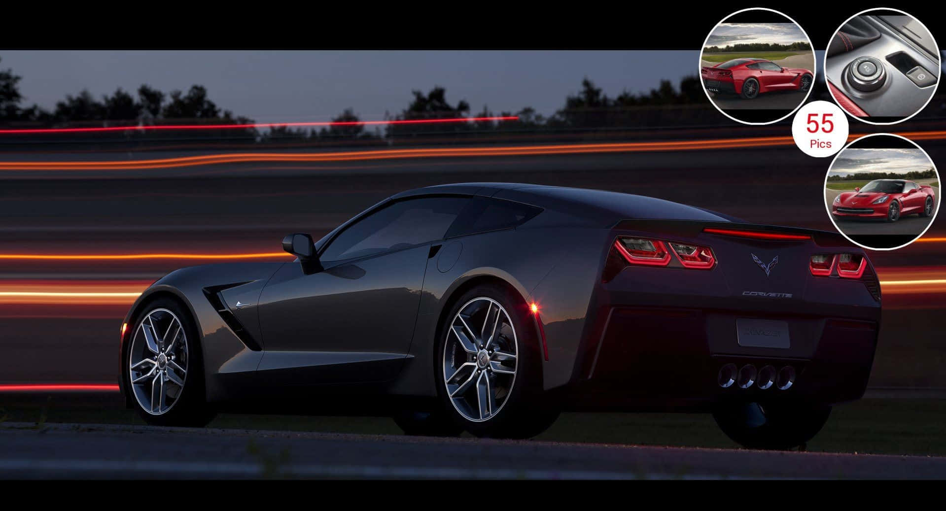 Chevrolet Corvette Stingray 桌布 壁紙 — 一輛時尚的深灰色跑車在黃昏時分沿著道路疾馳，鮮紅色的光跡呼嘯而過。