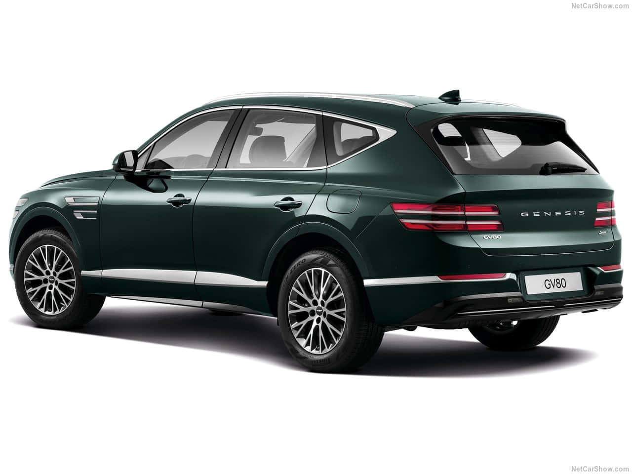 Genesis Gv80 桌布 壁紙 — 一輛時尚的深綠色 Genesis GV80 SUV 在乾淨的白色背景上以側面輪廓展示，光線銳利。