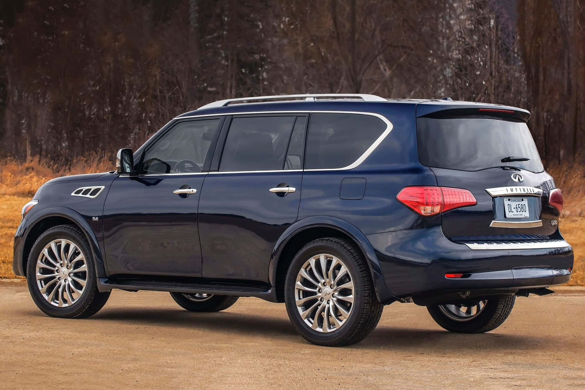 Infiniti Qx80 桌布 壁紙 — 一輛時尚的深藍色 Infiniti QX80 SUV 停在泥土上，背景是光禿禿的樹木。