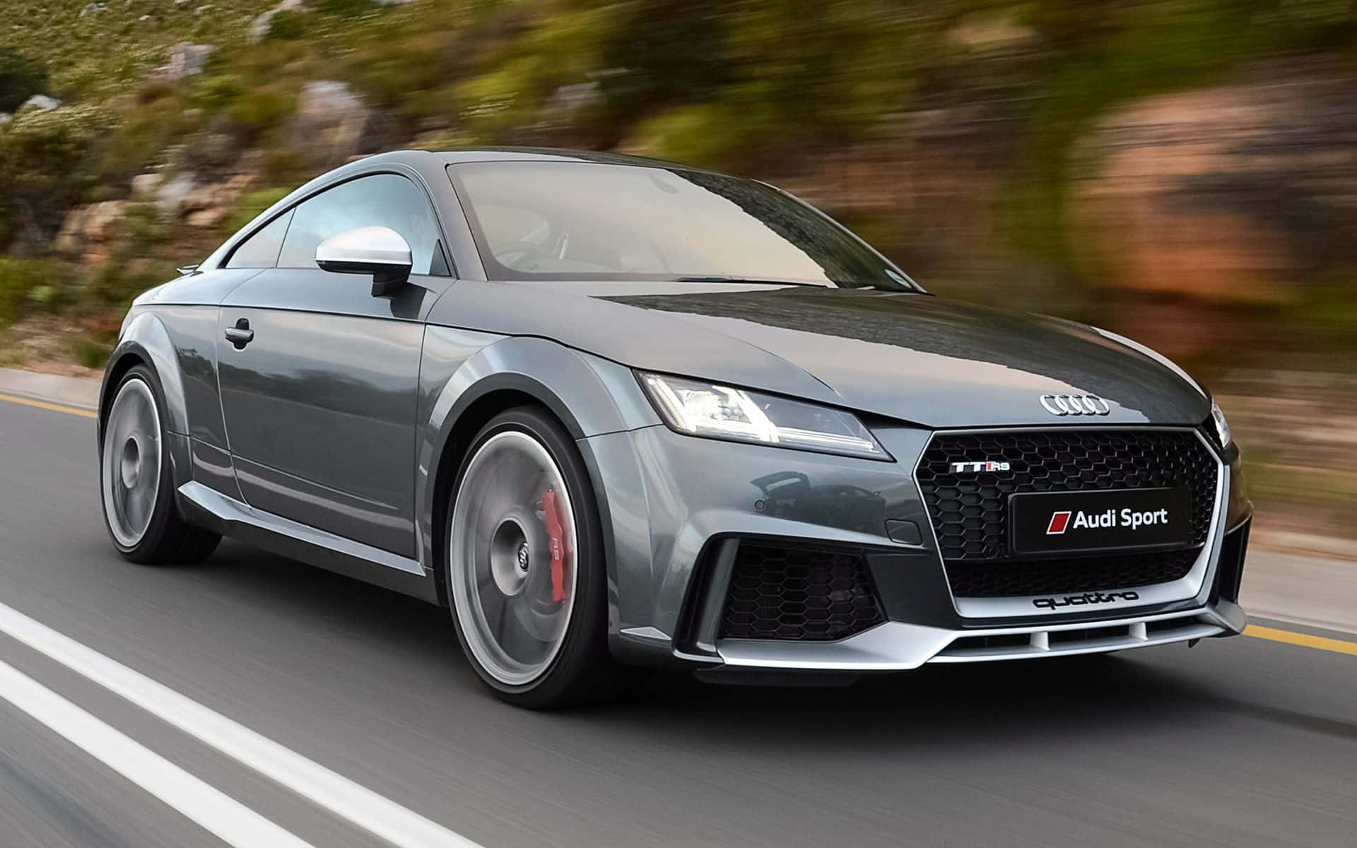 Audi Tt 桌布 壁紙 — 一輛時尚的灰色奧迪TT RS在蜿蜒的道路上行駛，背景是模糊的綠色植物。