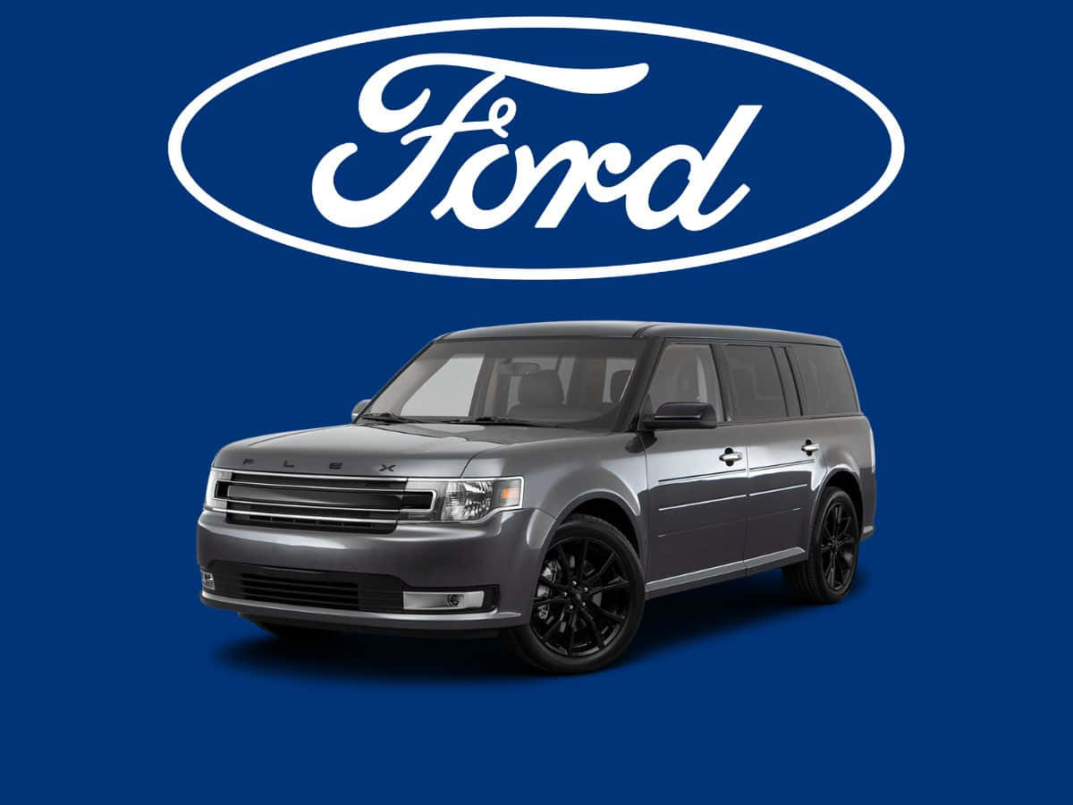 Ford Flex 桌布 壁紙 — 一輛時尚的灰色福特Flex SUV配黑色輪圈，在標誌性的白色福特橢圓標誌下方，以純藍色背景為襯托。