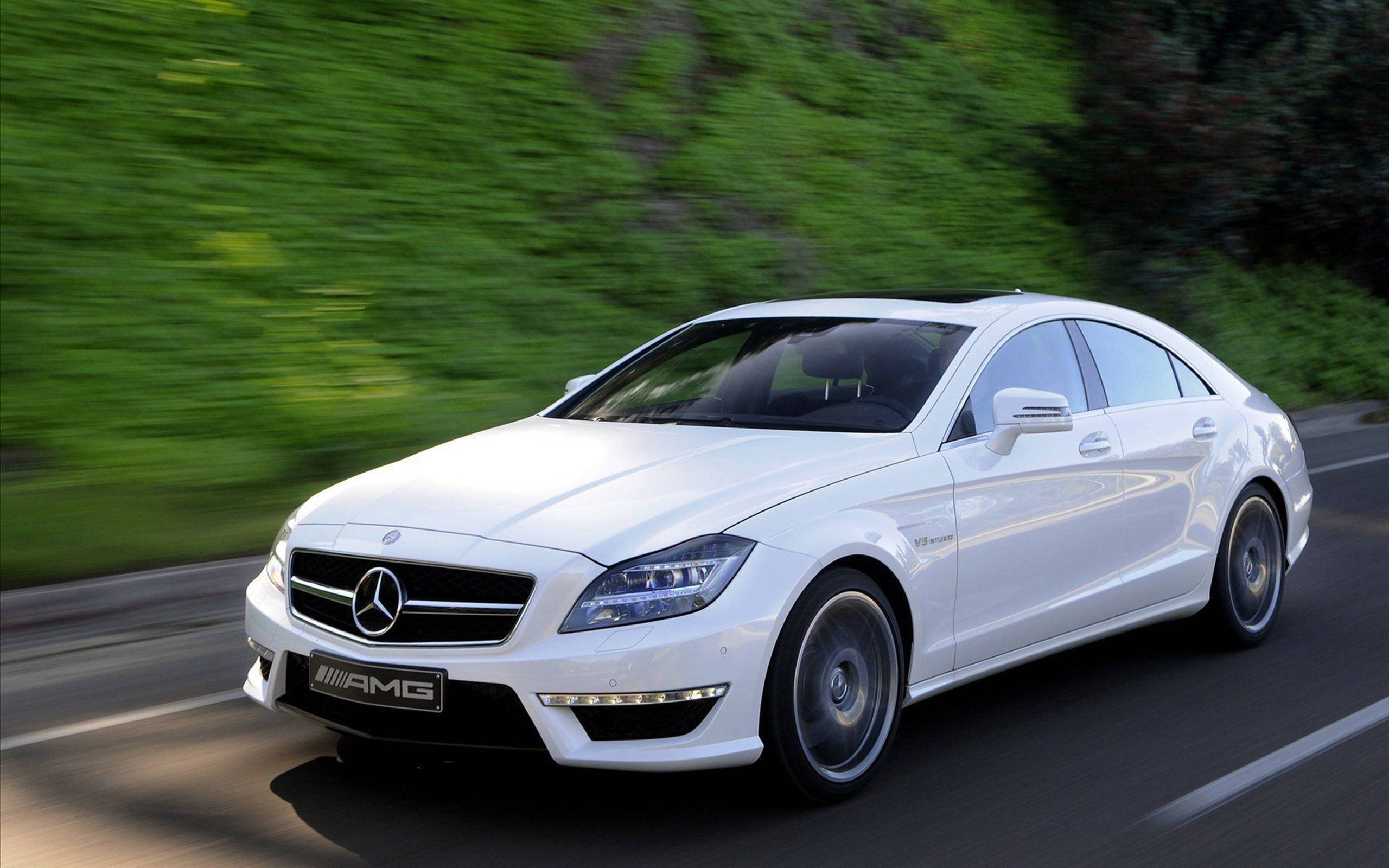 HD 桌布 壁紙 — 一輛時尚的白色Mercedes-AMG CLS Coupe在綠樹成蔭的道路上疾馳，樹影在運動中模糊掠過。