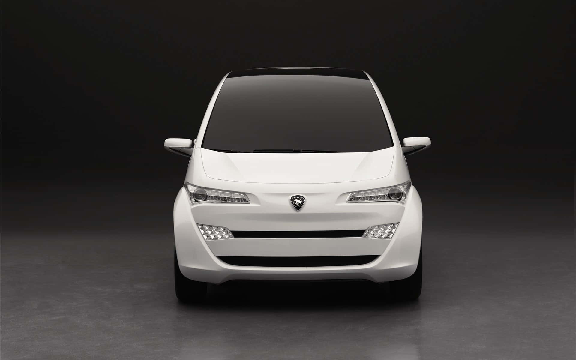 Proton 桌布 壁紙 — 一輛時尚的白色未來主義汽車，配備鋒利的頭燈和極簡設計，在深色工作室背景中居中展示。
