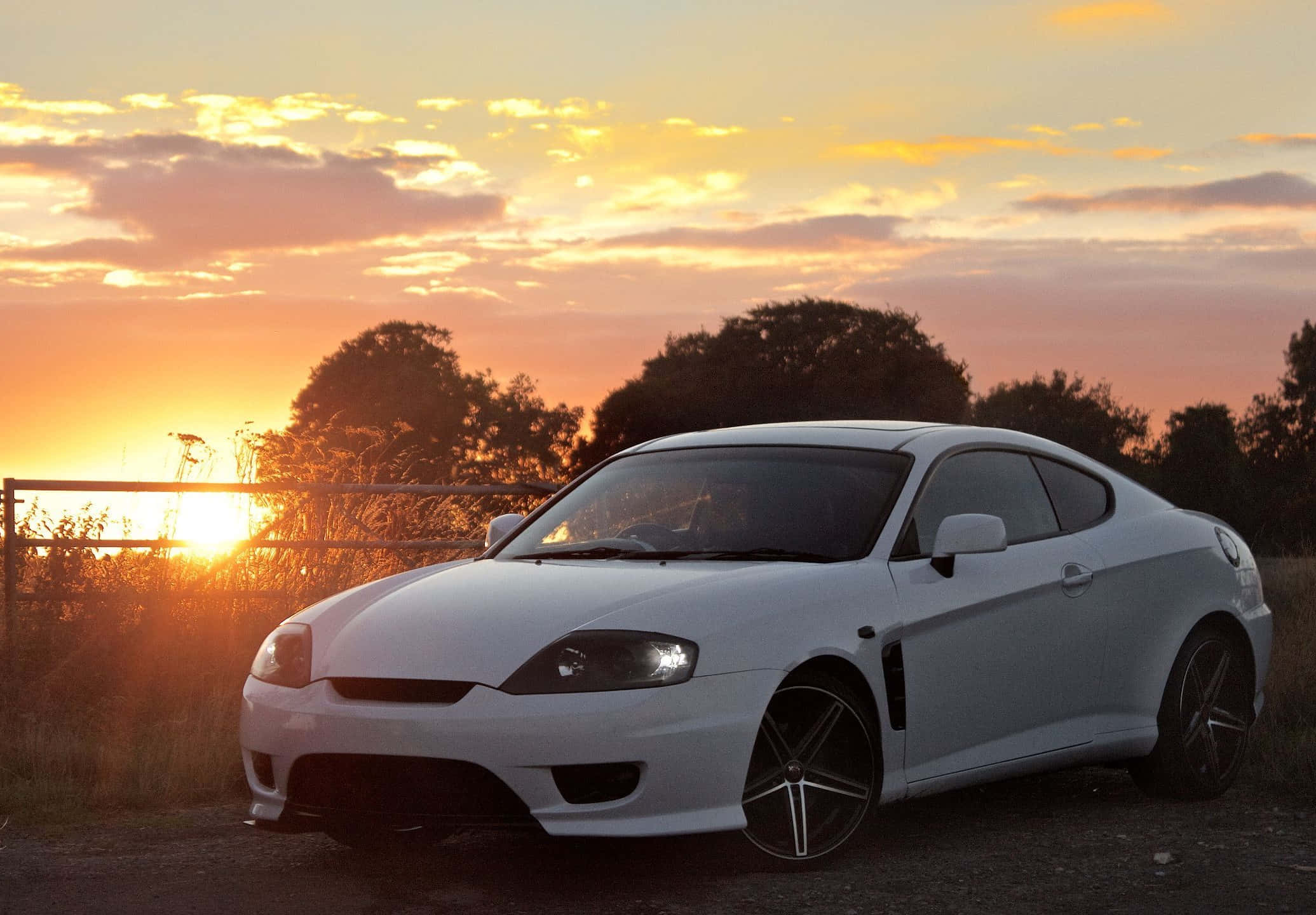 Hyundai Tiburon 桌布 壁紙 — 一輛時尚的白色跑車在日落時停泊，背後有金色天空和剪影樹木。