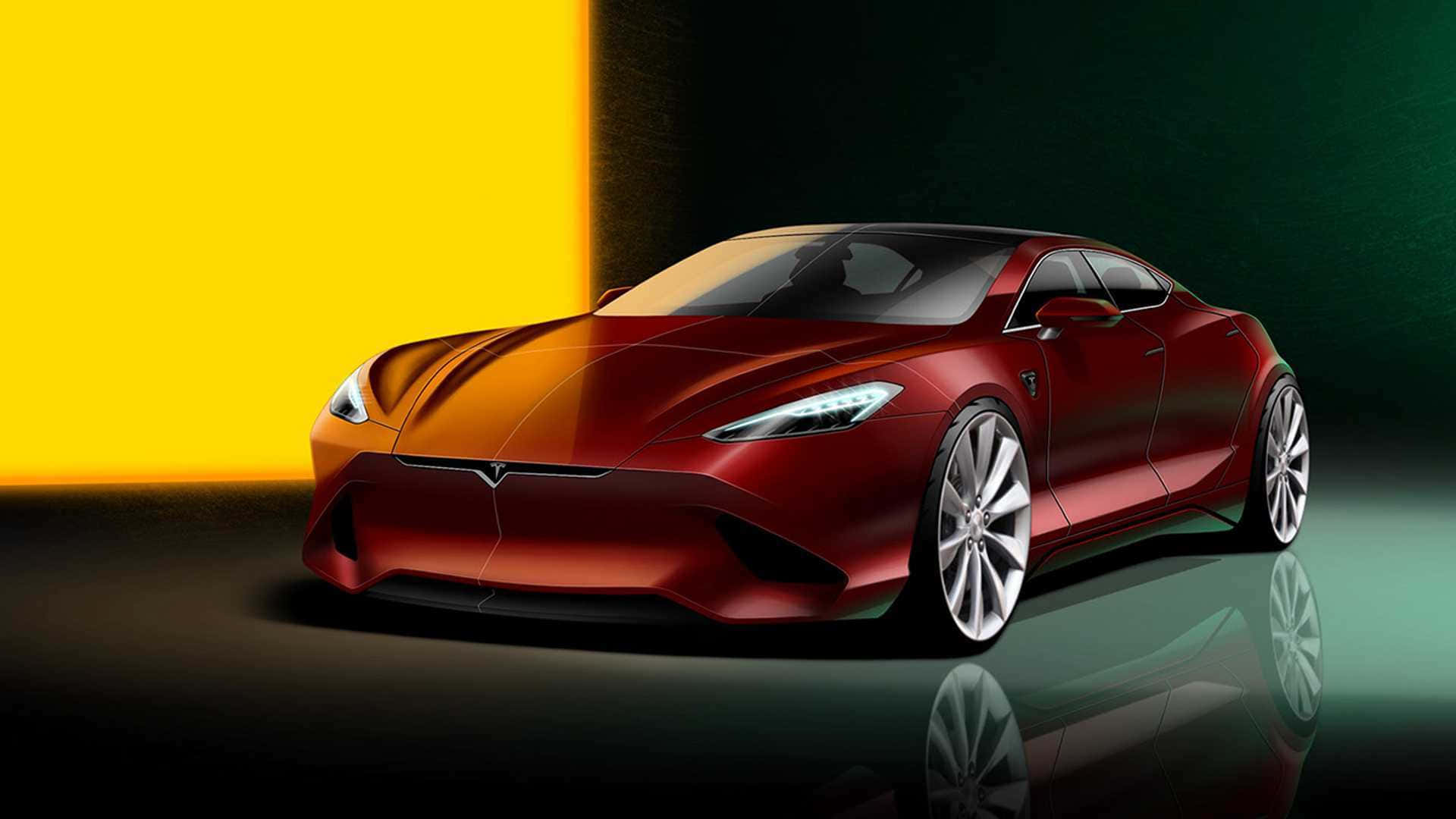 tesla 桌布 壁紙 — 一輛時尚的紅色Tesla跑車在戲劇性的黃色和綠色燈光下，在反光的深色地板上閃閃發光。