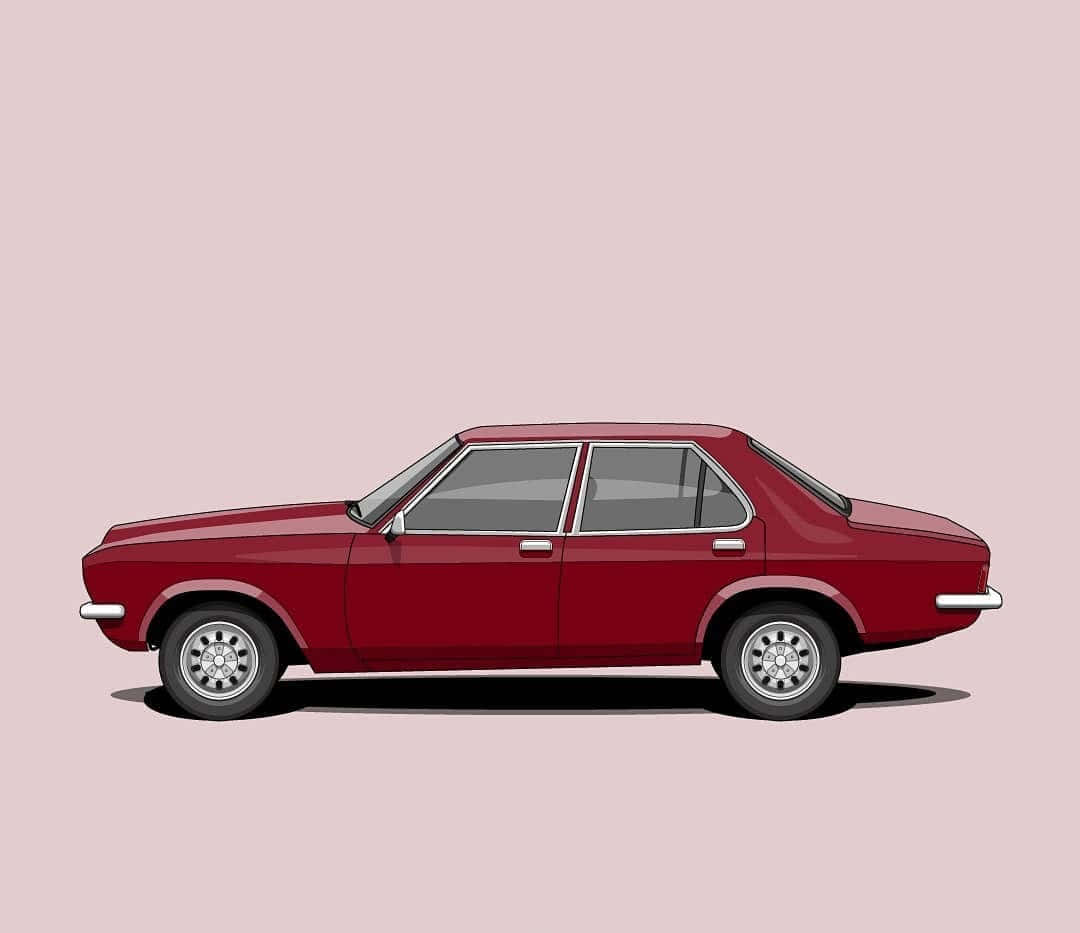 Hindustan Motors 桌布 壁紙 — 一輛時尚的紅色復古轎車，在柔和的粉紅色背景上以乾淨的數位陰影顯示側面輪廓。