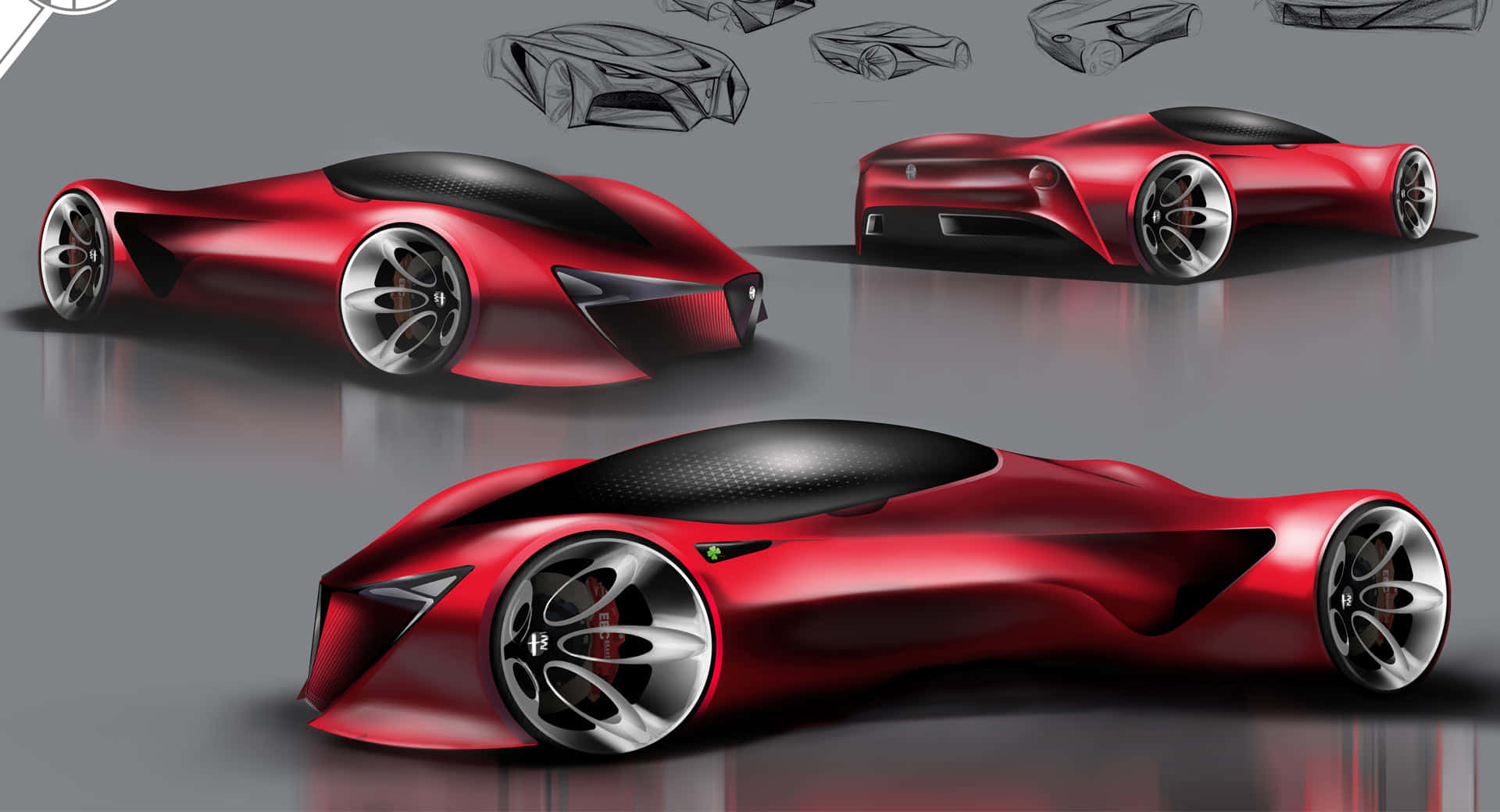 Car Design 桌布 壁紙 — 一輛時尚的紅色未來主義跑車，帶有碳纖維飾邊和銀色輪圈，以多個角度展示在灰色背景上，並附有設計草圖。