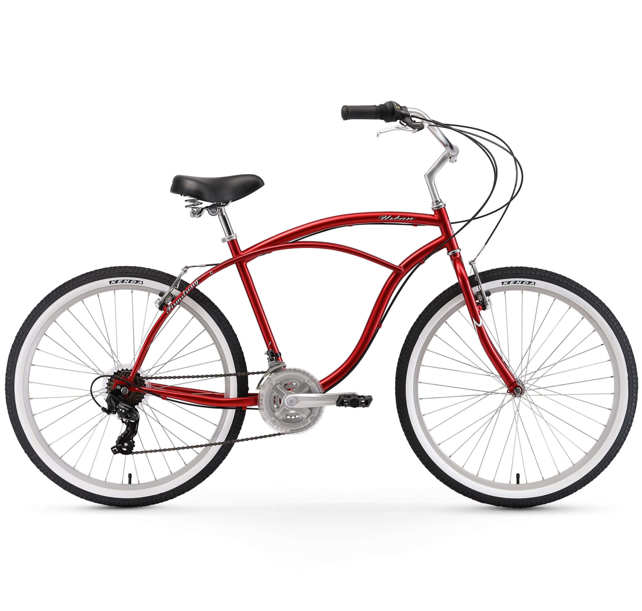 Bicycle 桌布 壁紙 — 一輛時尚的紅色沙灘巡洋艦自行車，配備白色輪胎和銀色飾件，孤立在乾淨的白色背景上。