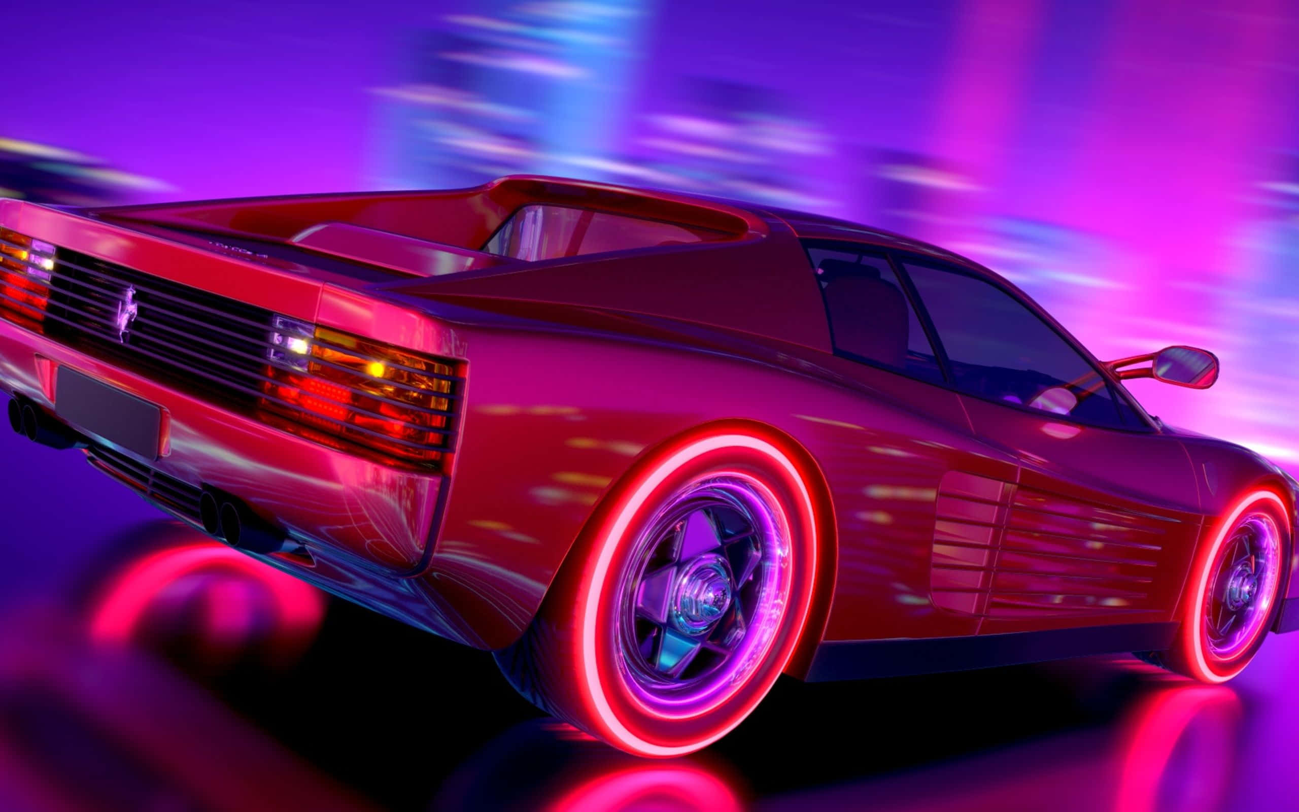 Ferrari Testarossa 桌布 壁紙 — 一輛時尚的紅色法拉利跑車在模糊的未來城市景觀中閃爍著霓虹粉紅和紫色光芒。