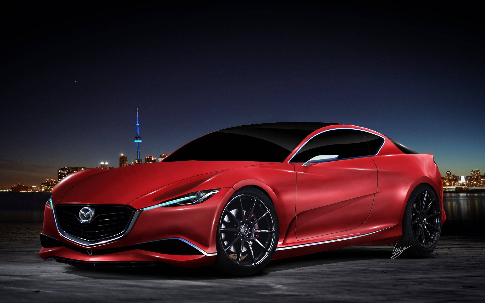 Mazda 桌布 壁紙 — 一輛時尚的紅色跑車在夜燈下閃閃發光，背景是城市天際線和標誌性塔樓。