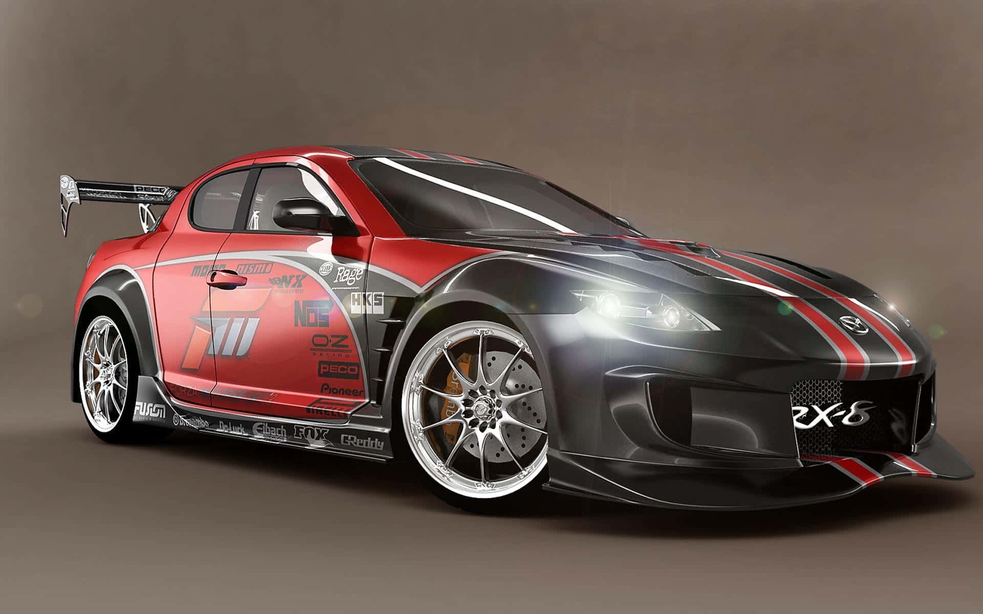 Mazda Rx-8 桌布 壁紙 — 一輛時尚的紅黑配色萬事得RX-8賽車，帶有贊助商貼紙和發光車頭燈，在中性工作室背景下擺拍。