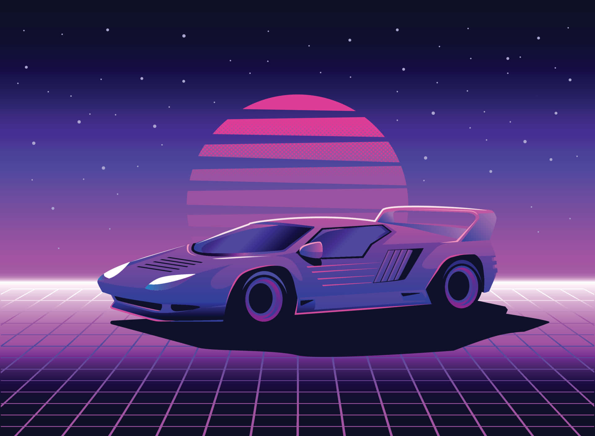 Retro Neon 桌布 壁紙 — 一輛時尚的紫色跑車在條紋粉紅色日落下的發光網格上閃耀，背景是繁星點點的紫色天空。