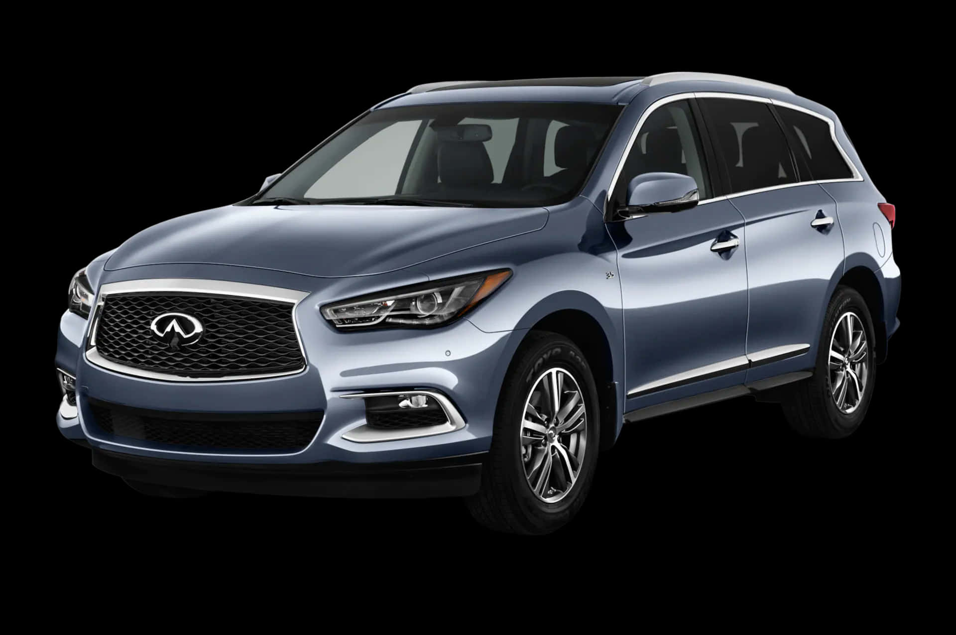 Infiniti Qx60 桌布 壁紙 — 一輛時尚的藍色 Infiniti SUV 在純黑色背景的攝影棚燈光下閃耀，展現其現代設計和鍍鉻飾件。
