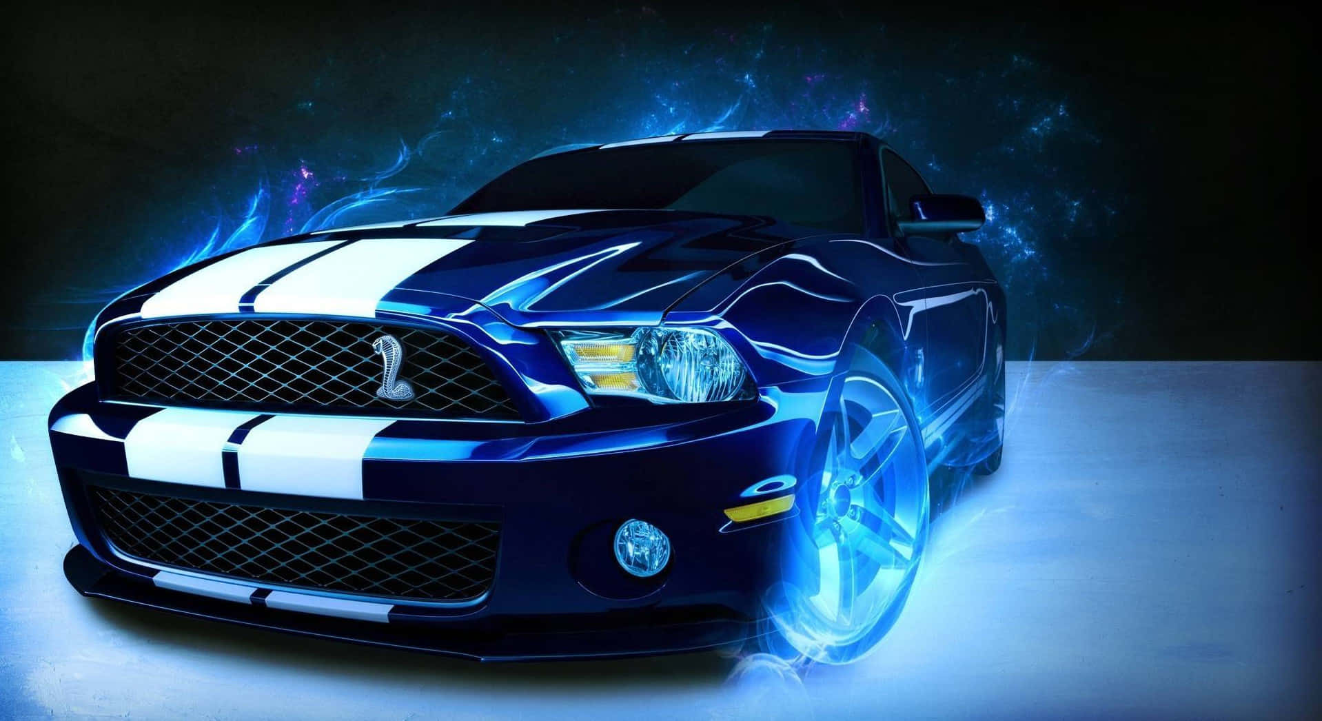 野馬 桌布 壁紙 — 一輛時尚的藍色Shelby Mustang帶有白色賽車條紋，在黑暗的宇宙背景下，在電藍色能量效果下發光。