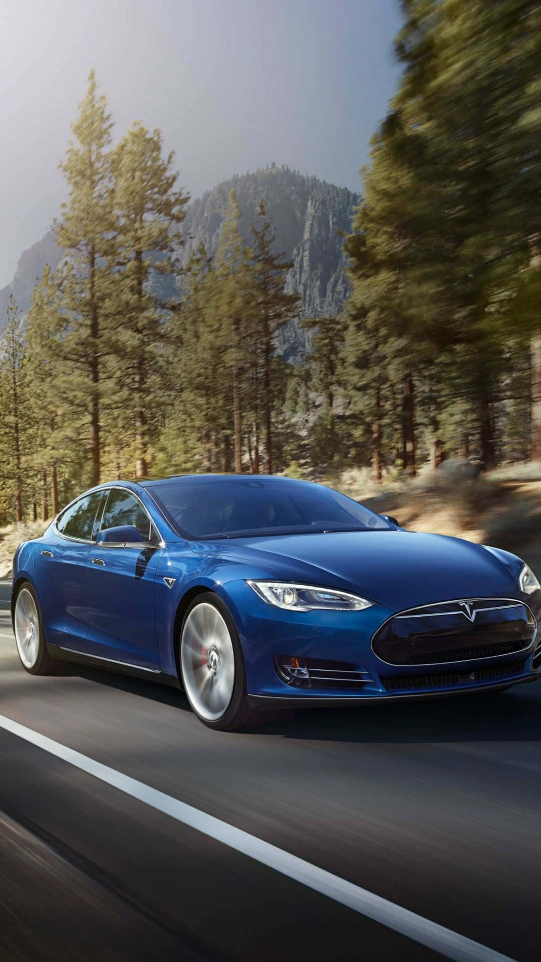 tesla 桌布 壁紙 — 一輛時尚的藍色Tesla Model S在晴朗的天空下，沿著兩旁高聳松樹的山路飛馳。