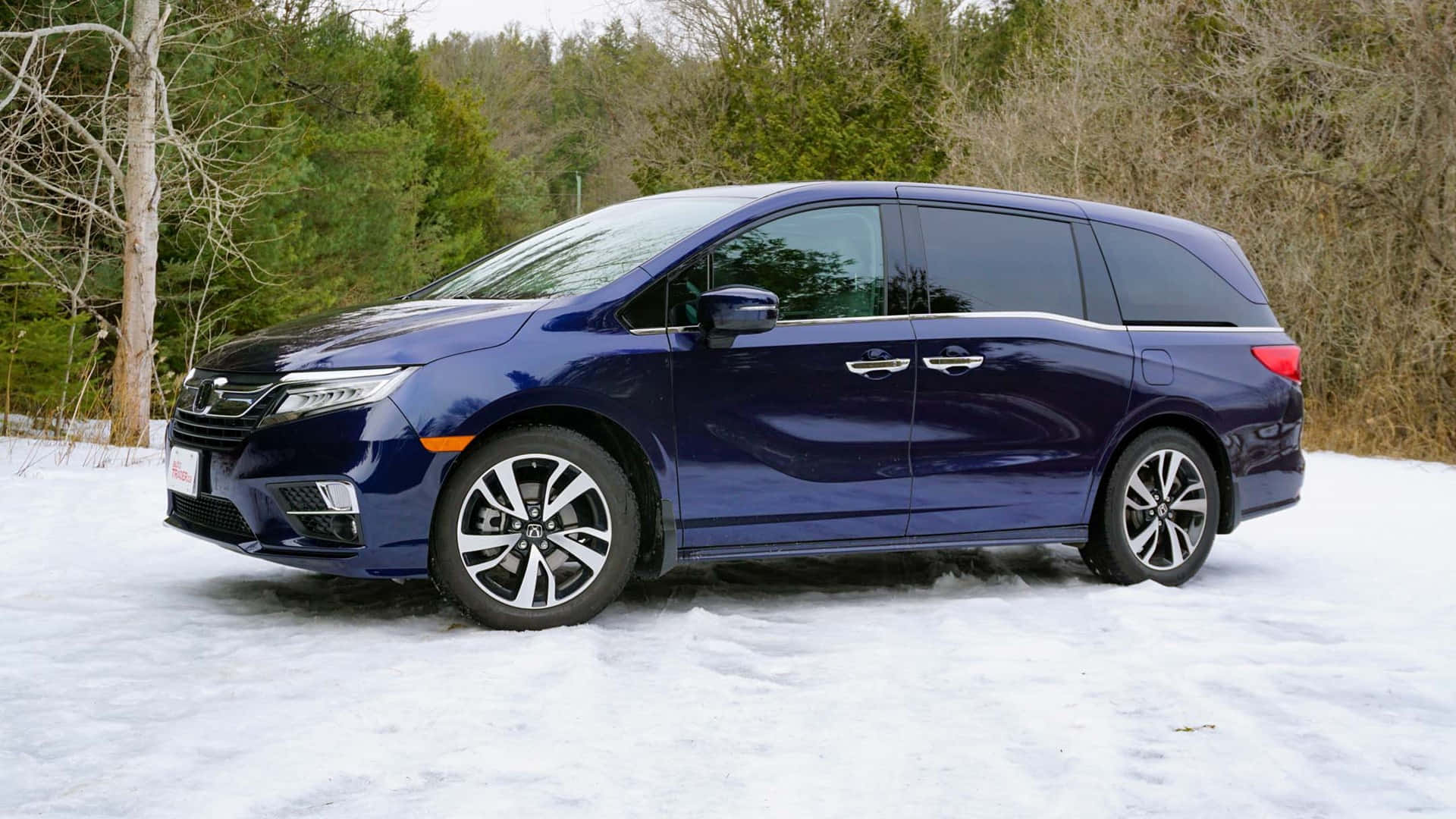 Honda Odyssey 桌布 壁紙 — 一輛時尚的藍色小型貨車停泊在雪地上，背景有光禿禿的樹木和常綠樹。